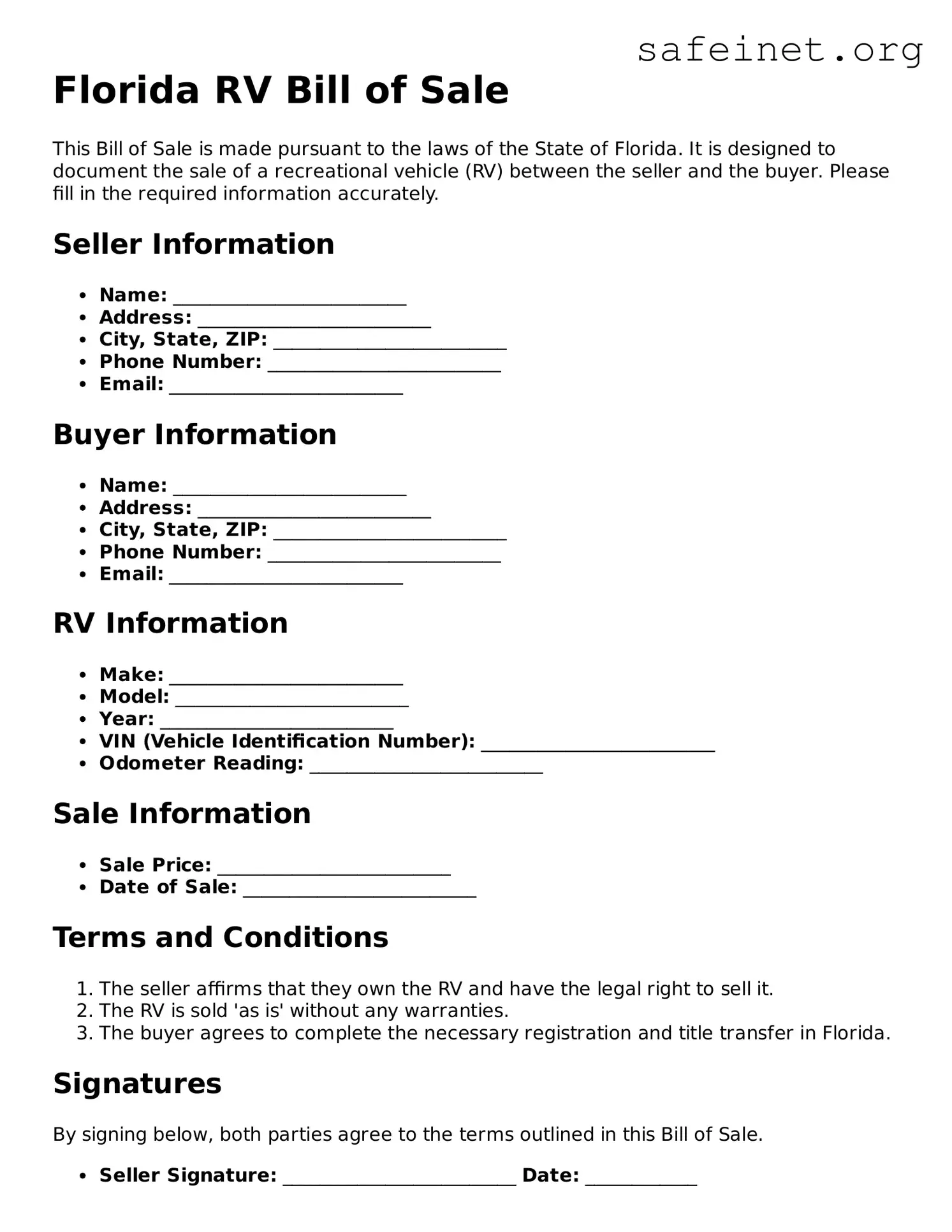 Valid RV Bill of Sale Template for the State of Florida
