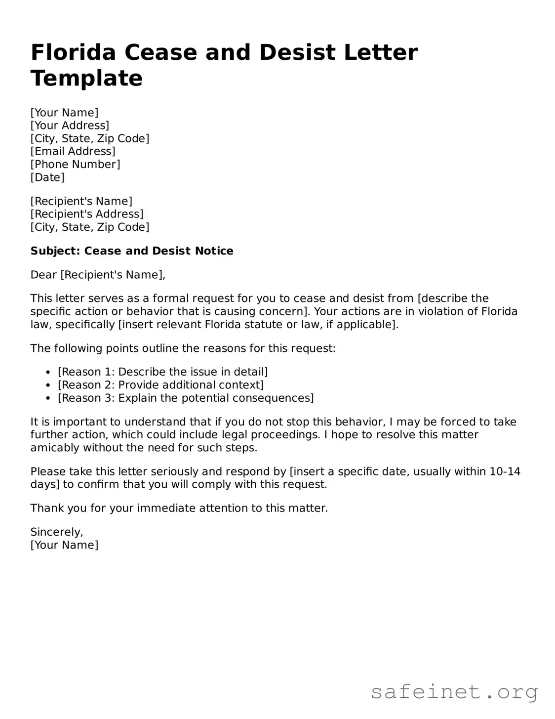 Valid Cease and Desist Letter Template for the State of Florida