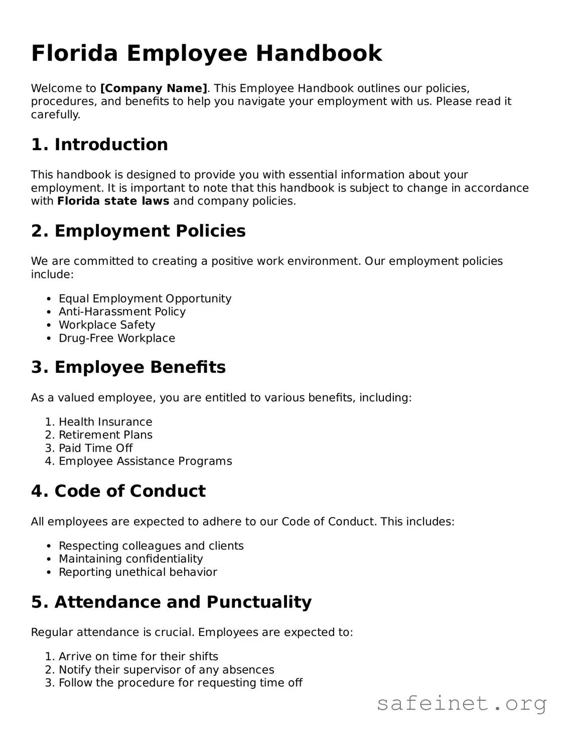 Valid Employee Handbook Template for the State of Florida