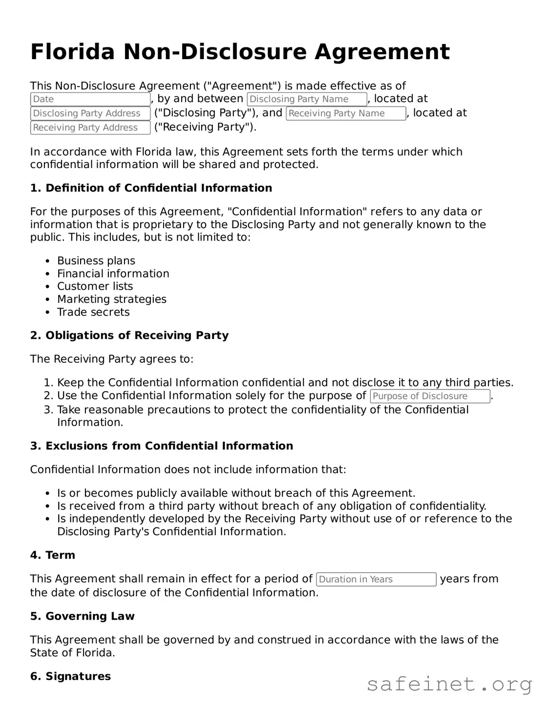 Valid Non-disclosure Agreement Template for the State of Florida