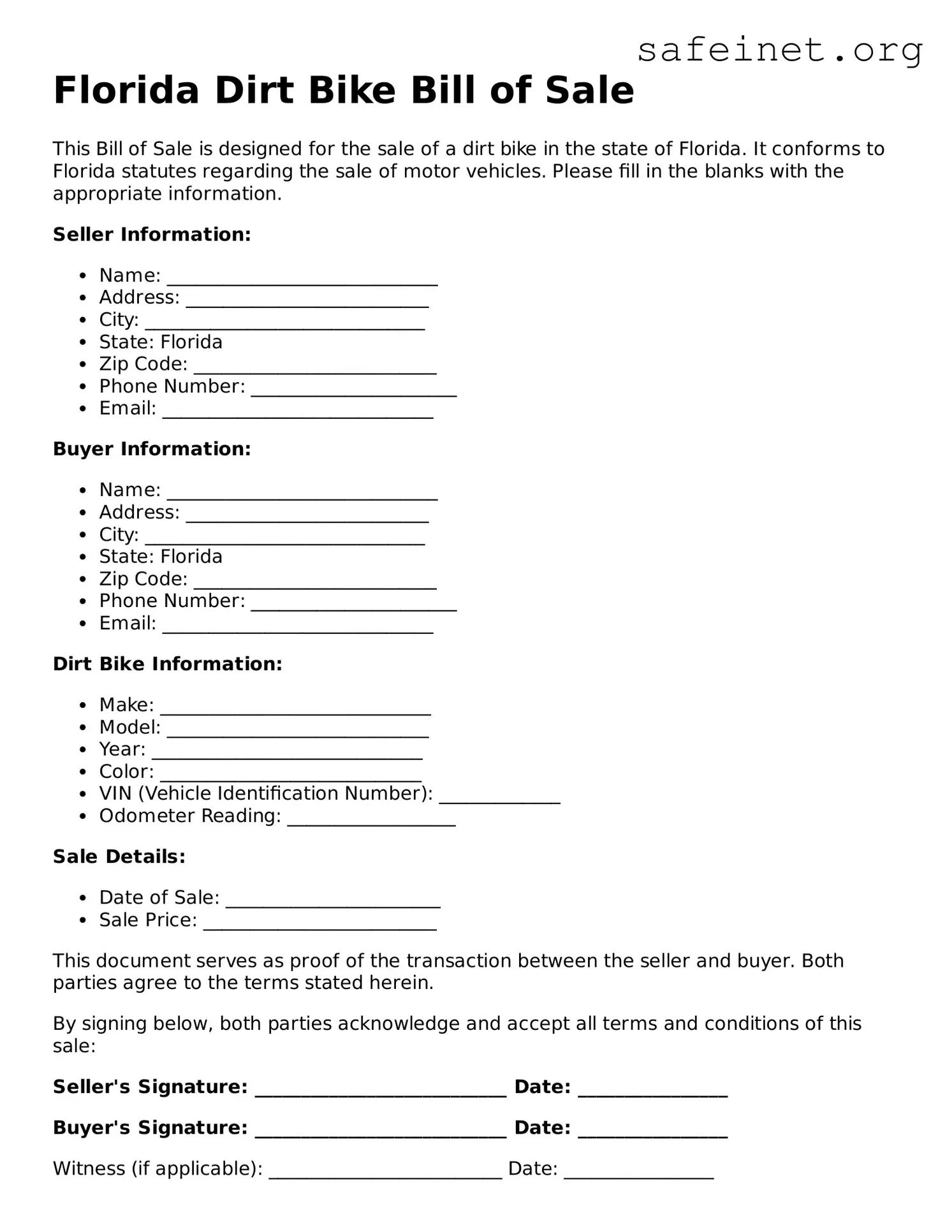 Valid Dirt Bike Bill of Sale Template for the State of Florida