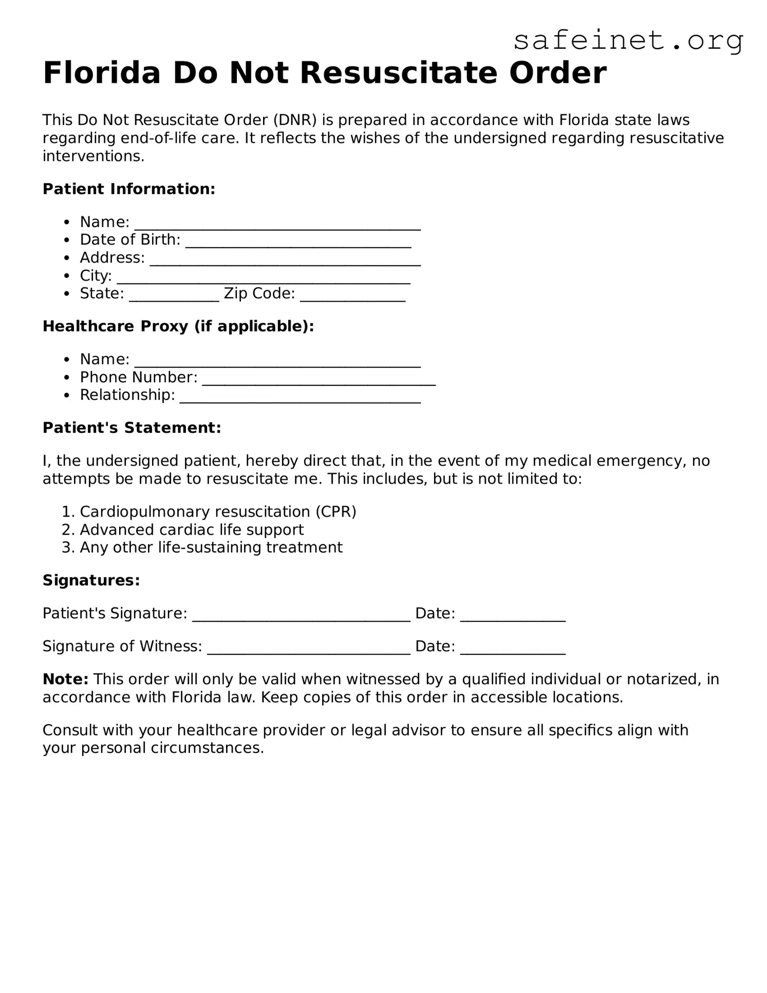Valid Do Not Resuscitate Order Template for the State of Florida
