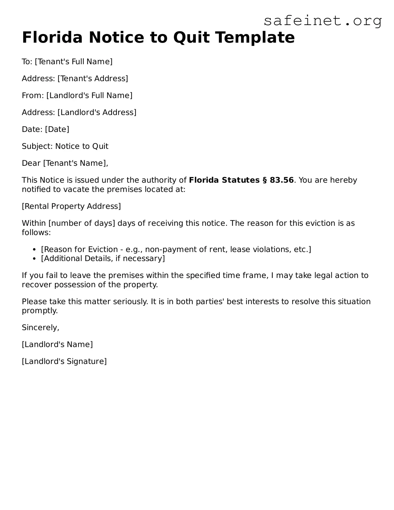 Valid Notice to Quit Template for the State of Florida