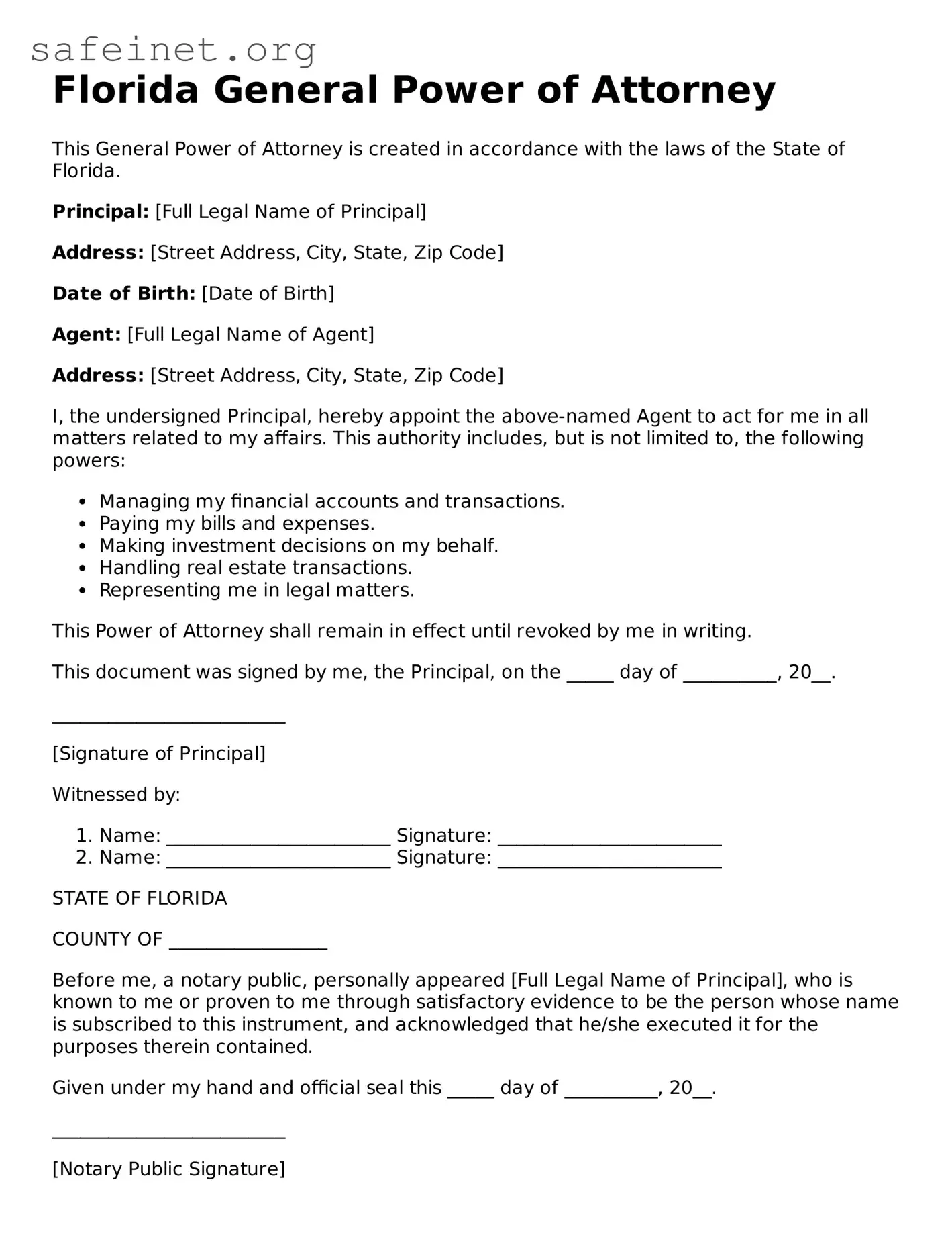 Valid General Power of Attorney Template for the State of Florida