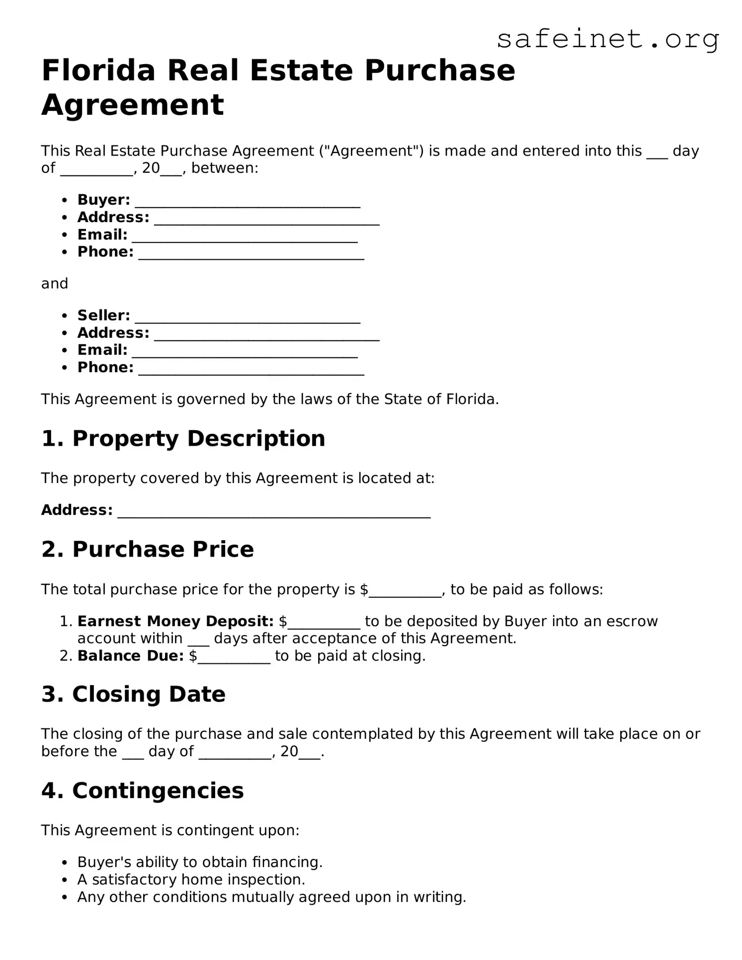 Valid Real Estate Purchase Agreement Template for the State of Florida