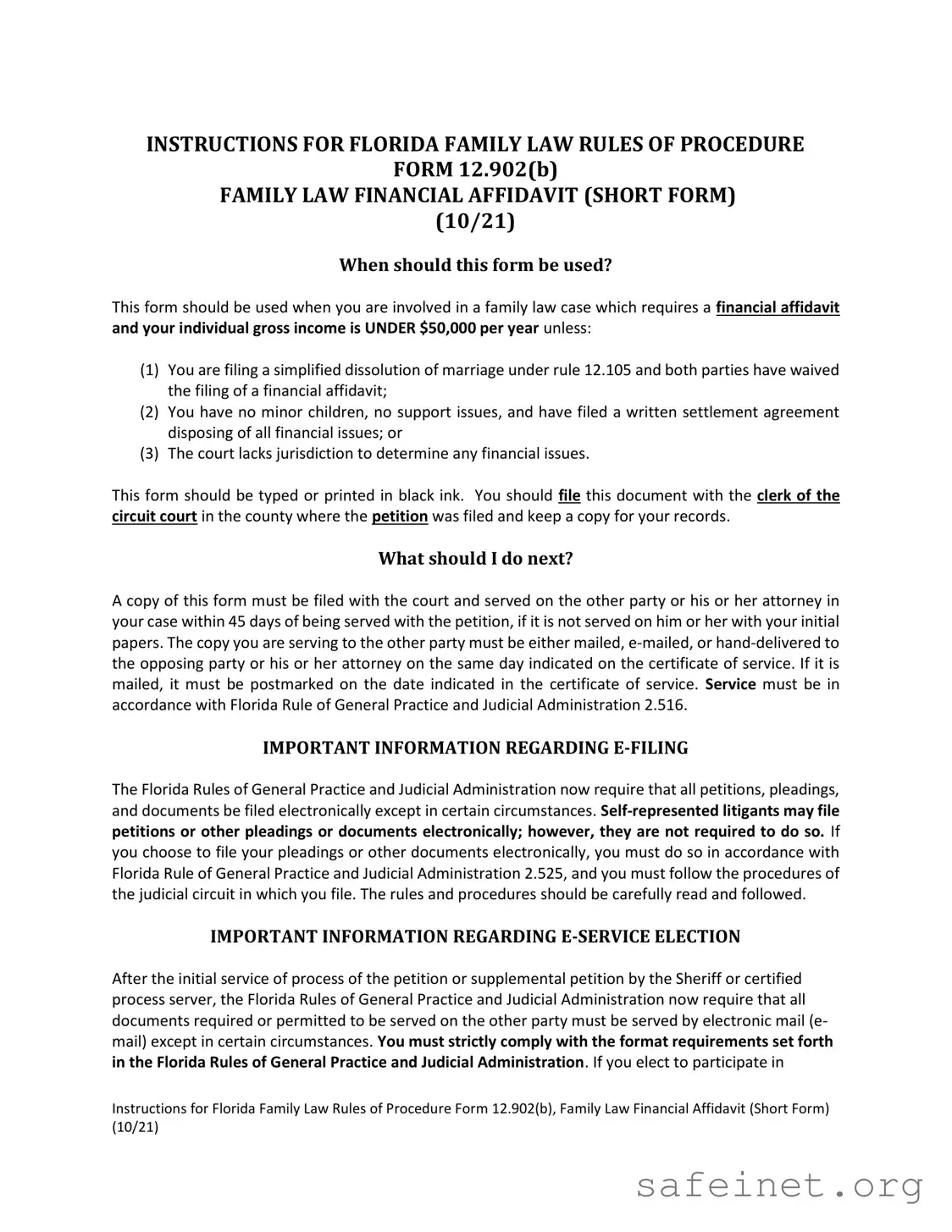 Blank Florida Financial Affidavit Short 12.902(b) Template