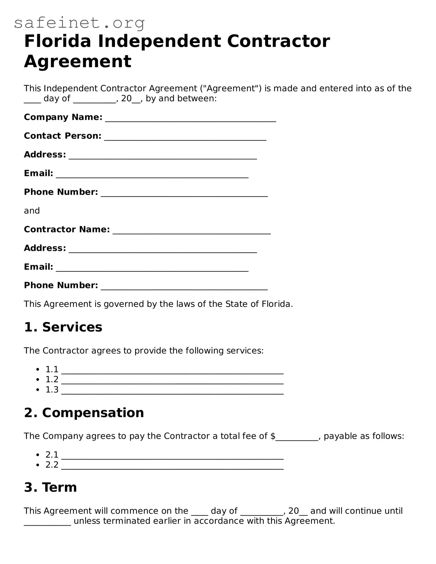 Valid Independent Contractor Agreement Template for the State of Florida