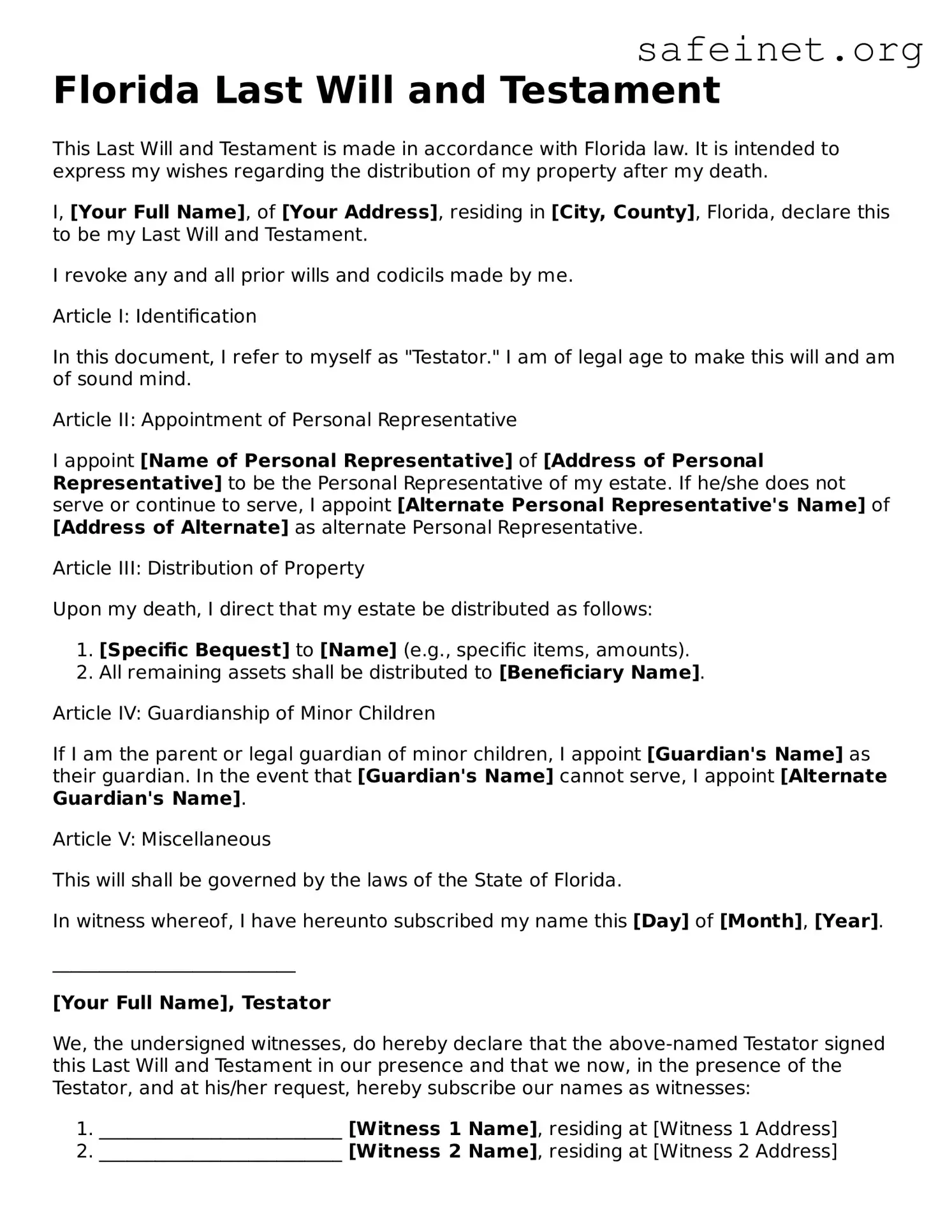 Valid Last Will and Testament Template for the State of Florida