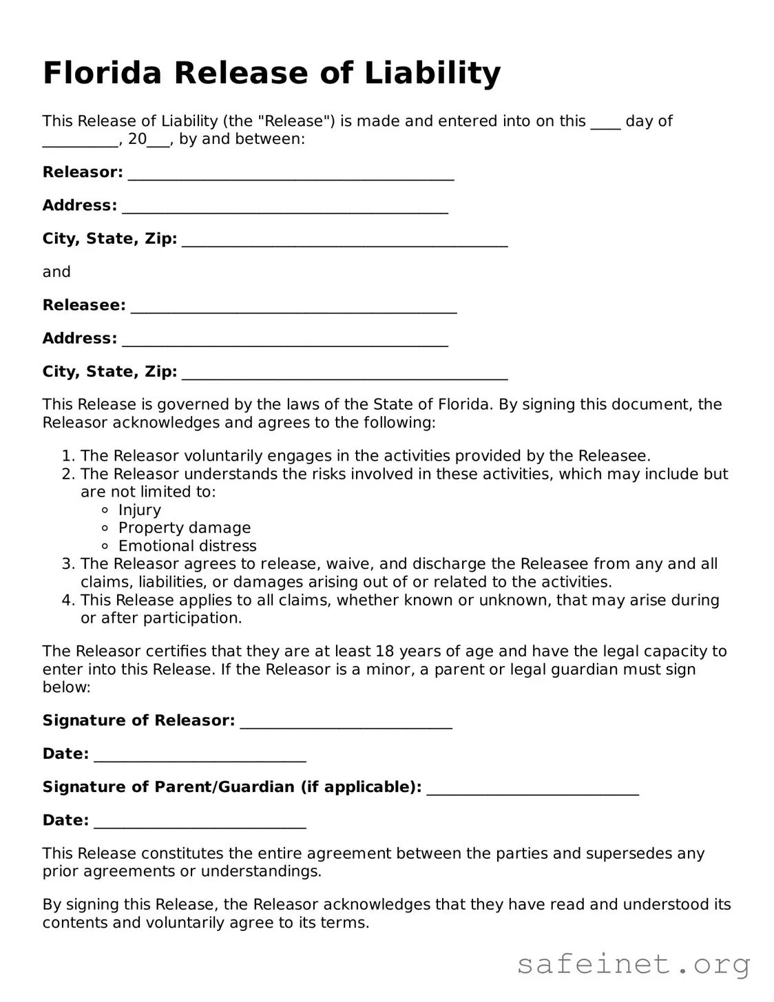 Valid Release of Liability Template for the State of Florida