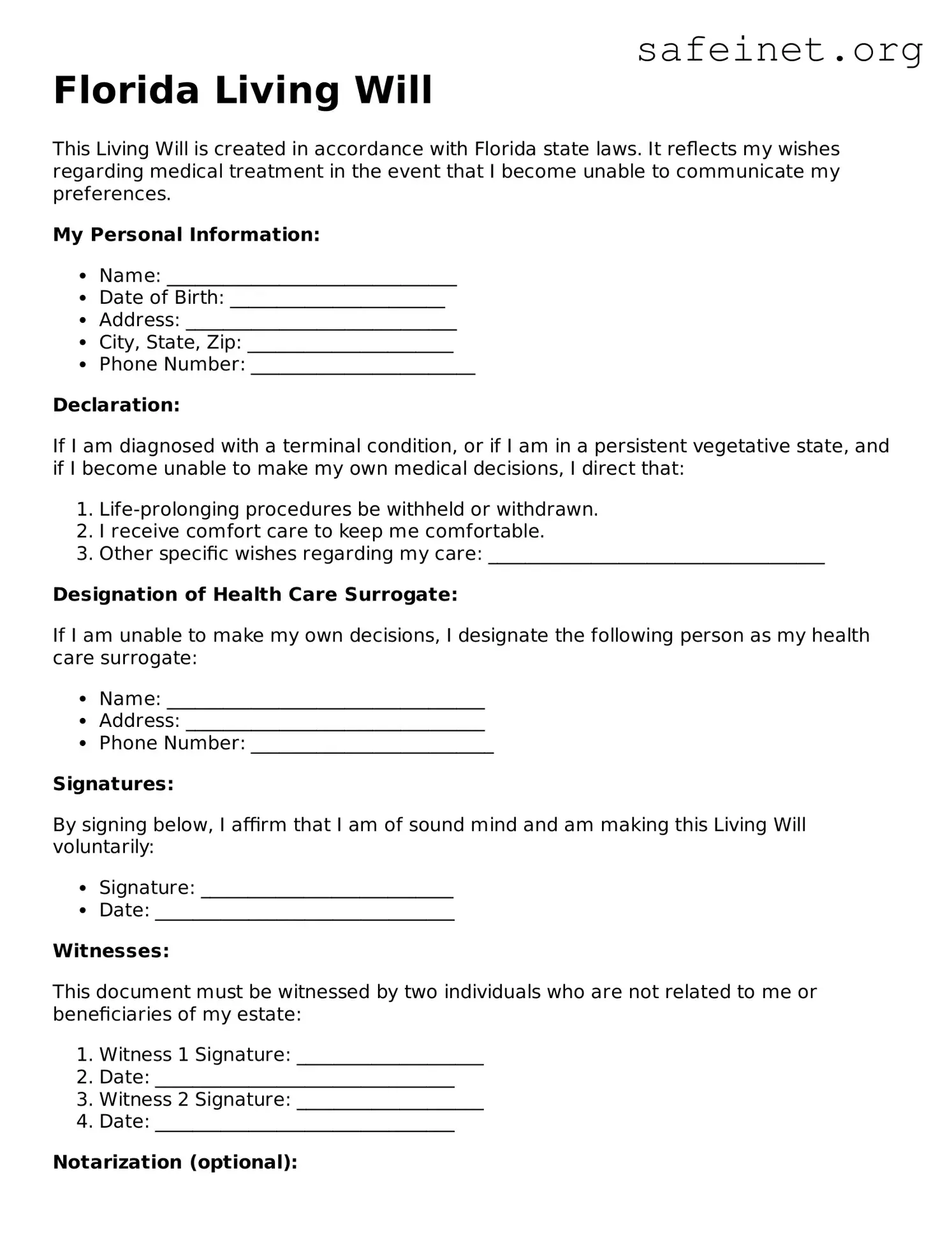 Free Florida Living Will PDF Template SafeInet Free Florida Living Will PDF Template SafeInet