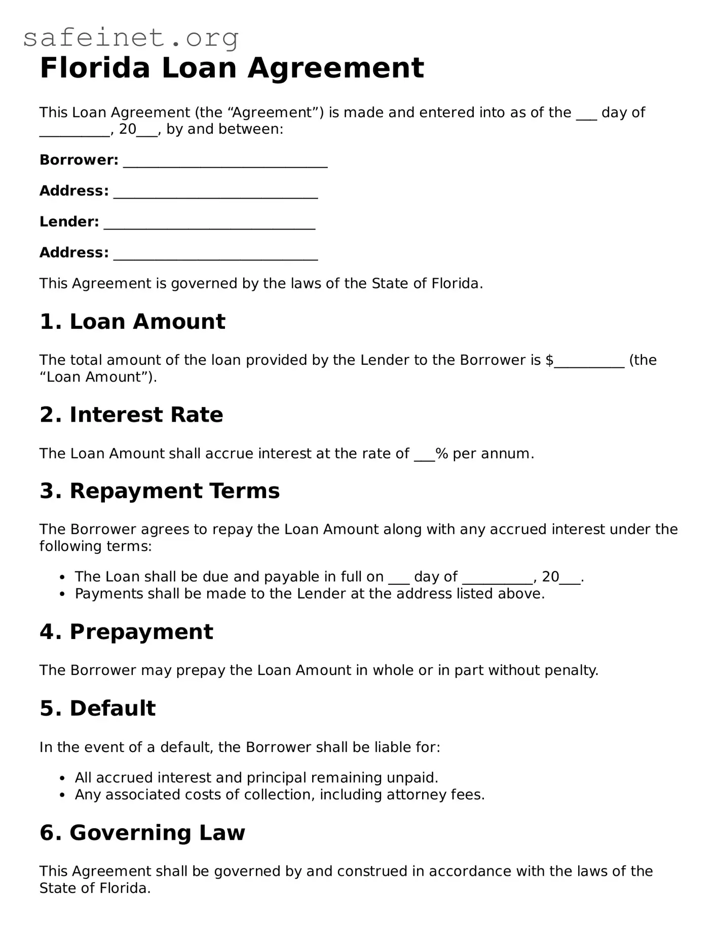 Valid Loan Agreement Template for the State of Florida