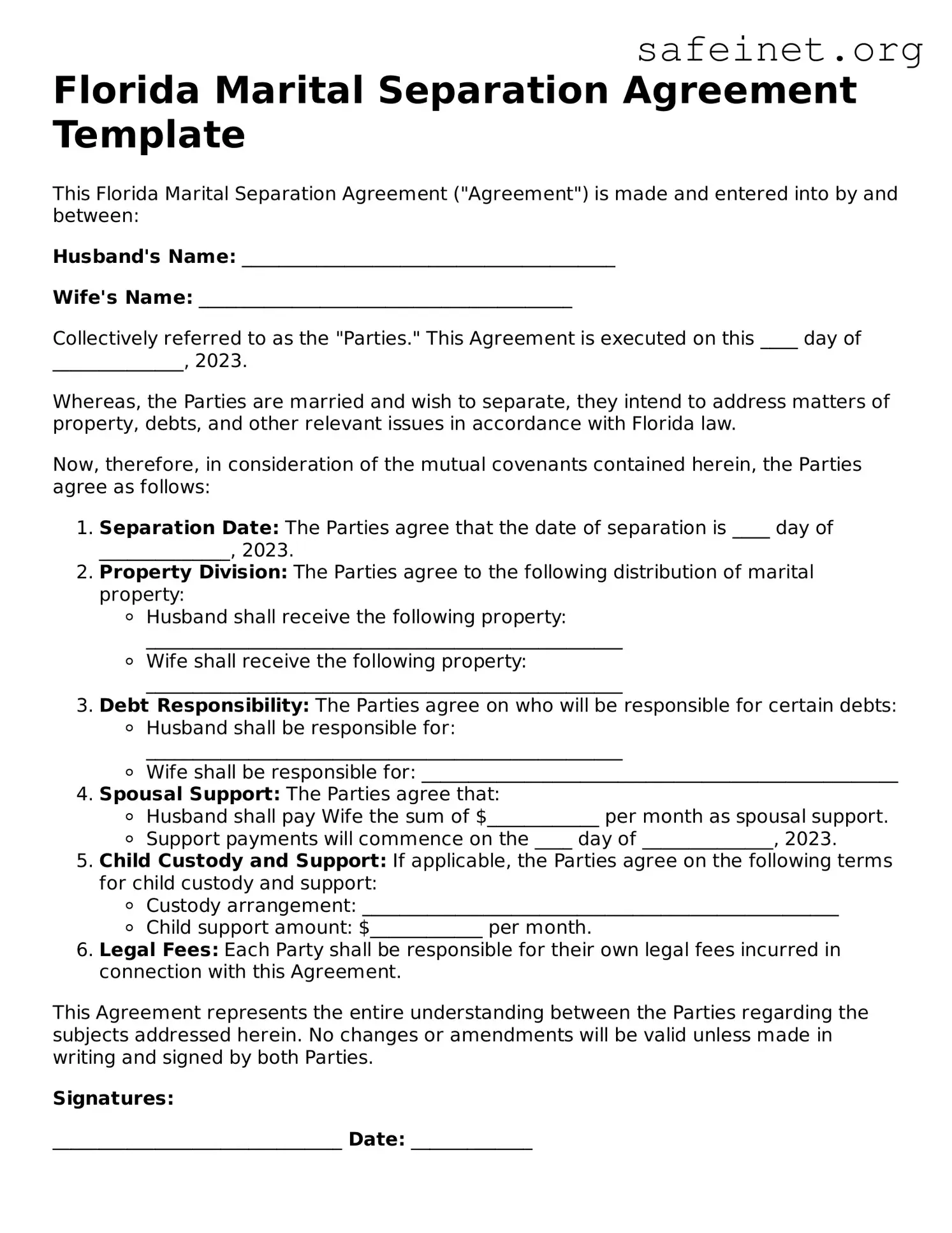 Valid Marital Separation Agreement Template for the State of Florida