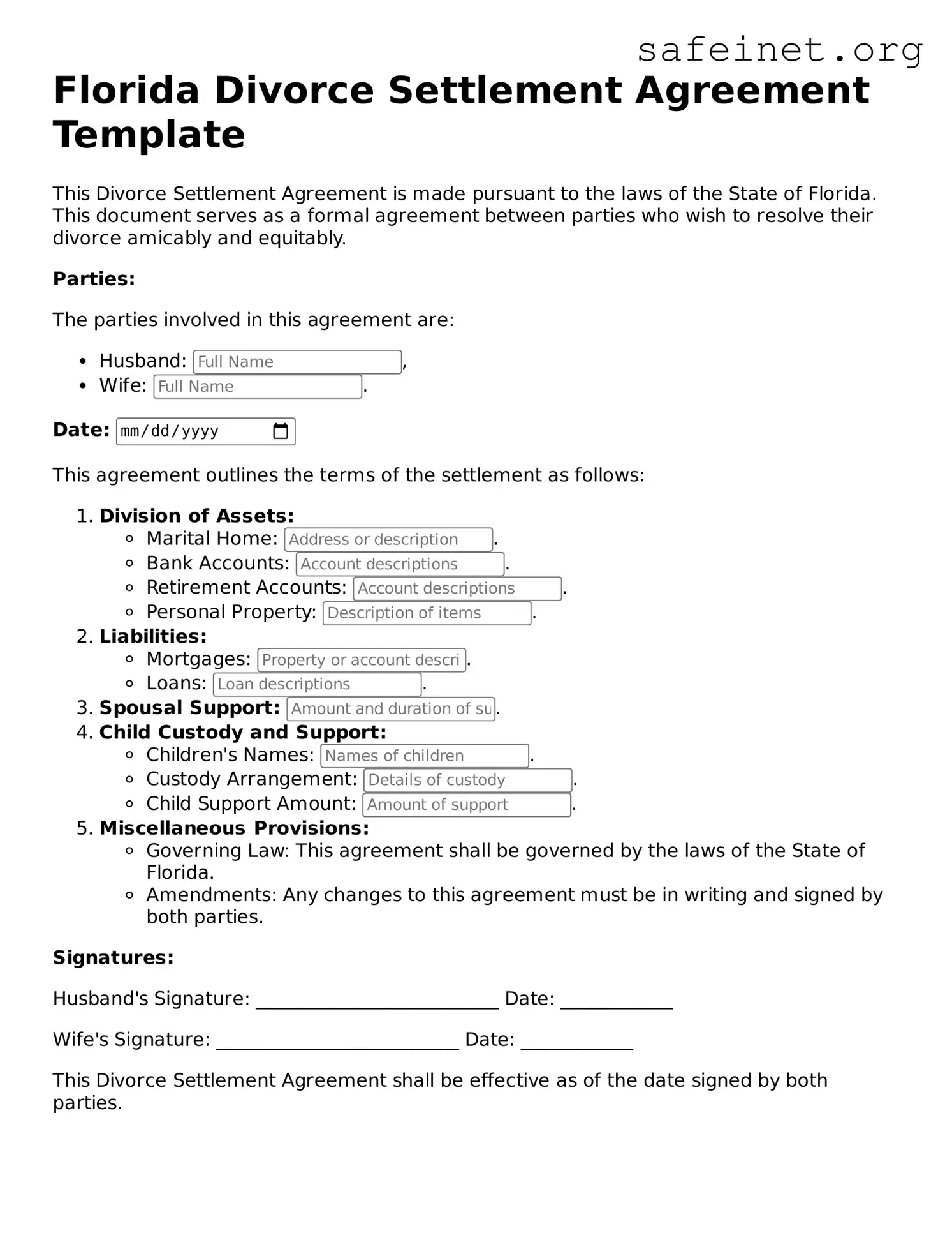 Valid Divorce Settlement Agreement Template for the State of Florida