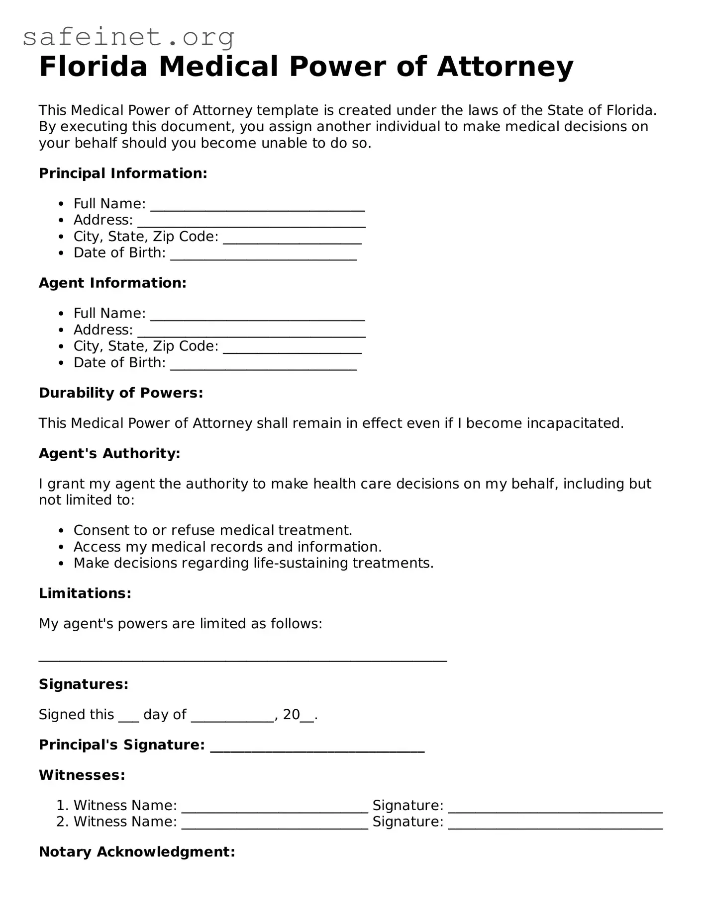 Valid Medical Power of Attorney Template for the State of Florida