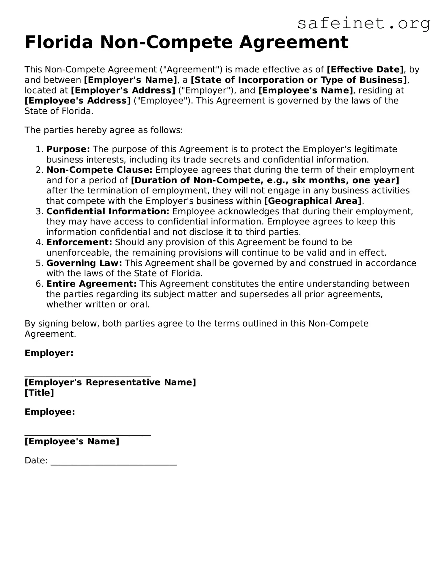 Valid Non-compete Agreement Template for the State of Florida