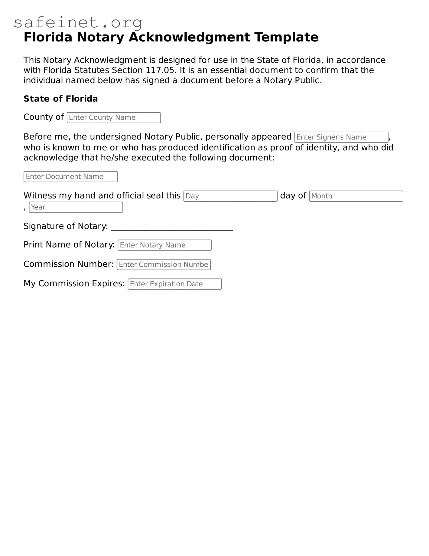 Valid Notary Acknowledgement Template for the State of Florida
