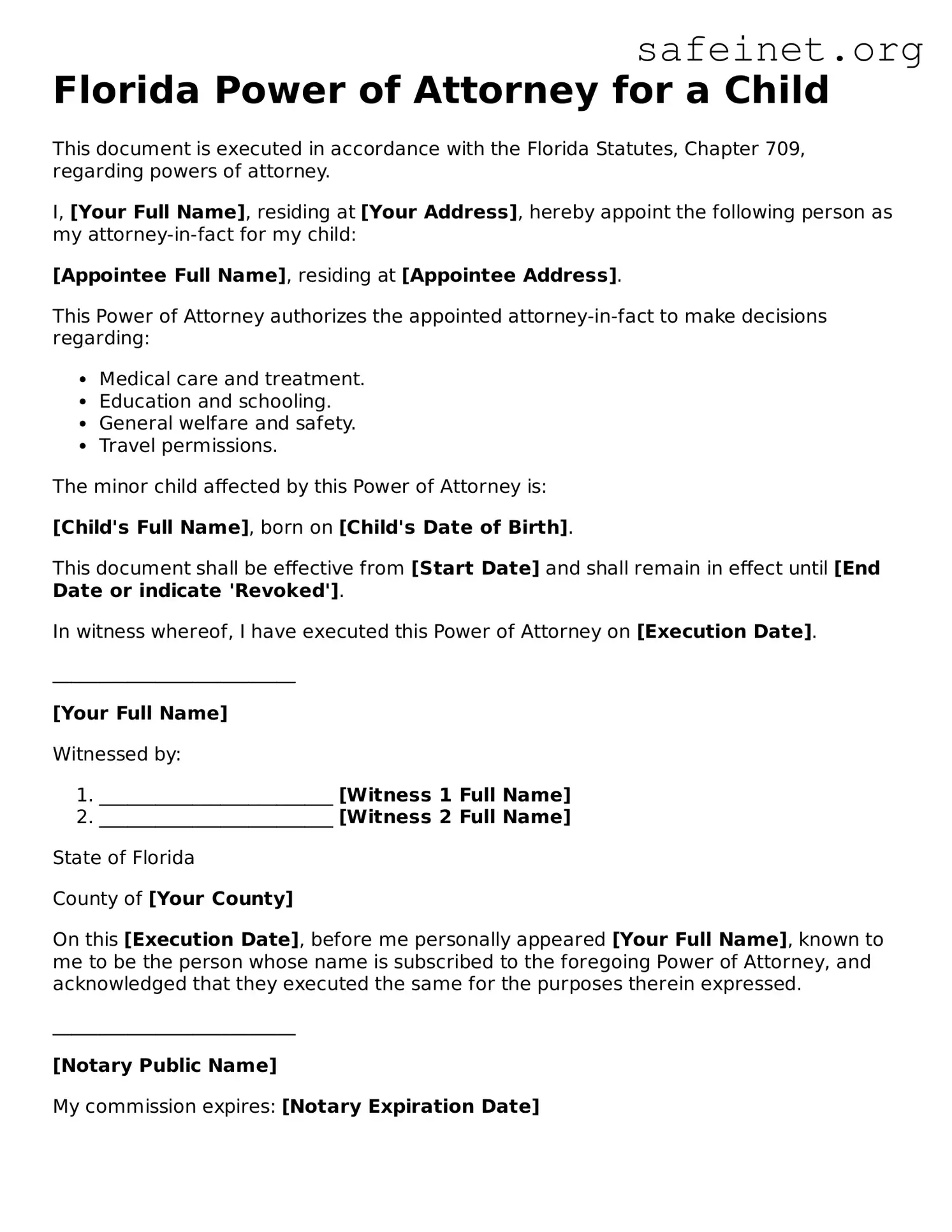 Valid Power of Attorney for a Child Template for the State of Florida