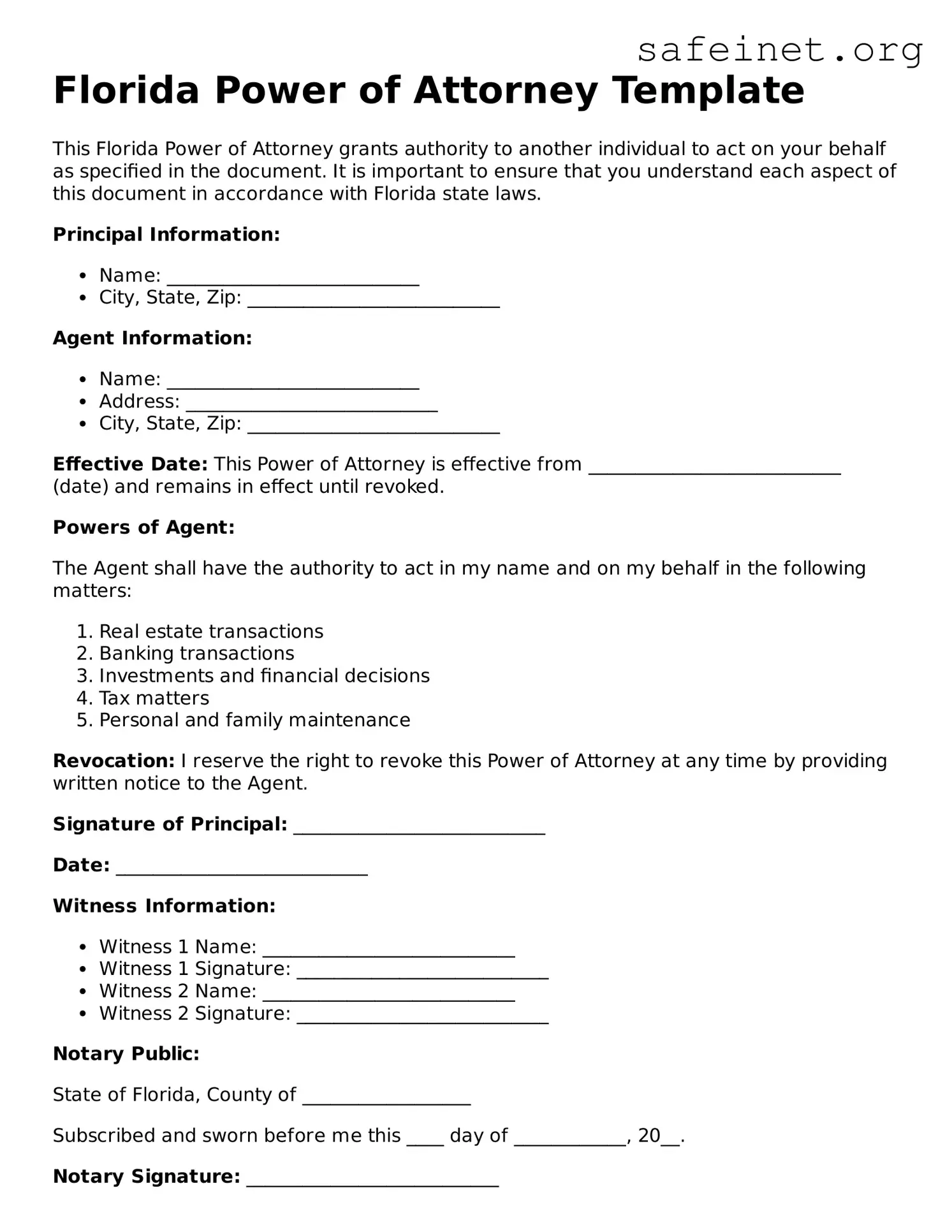 Valid Power of Attorney Template for the State of Florida