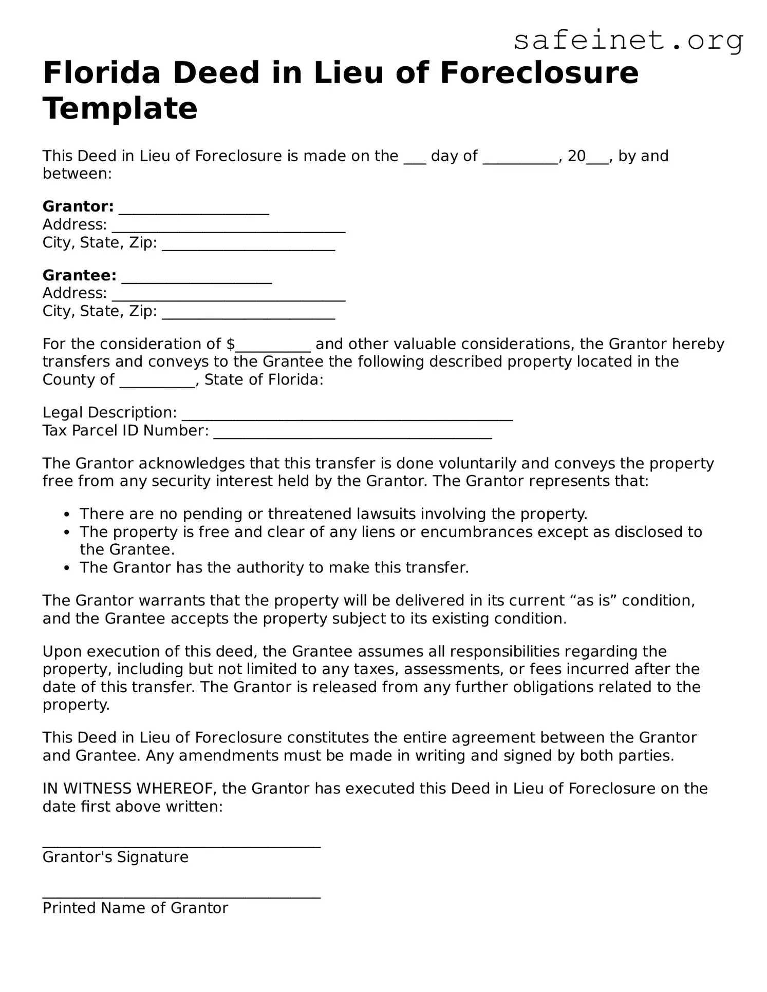 Valid Deed in Lieu of Foreclosure Template for the State of Florida