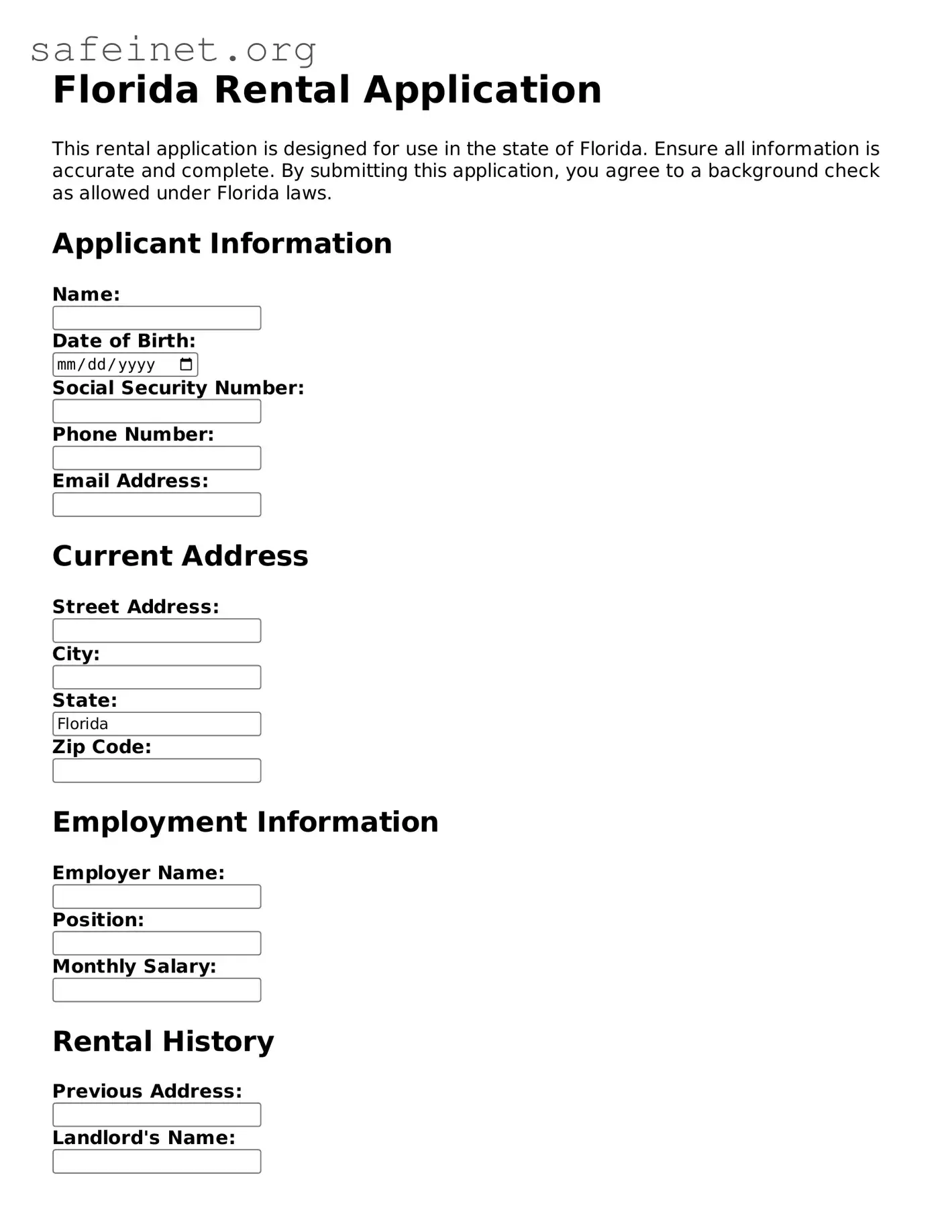Valid Rental Application Template for the State of Florida
