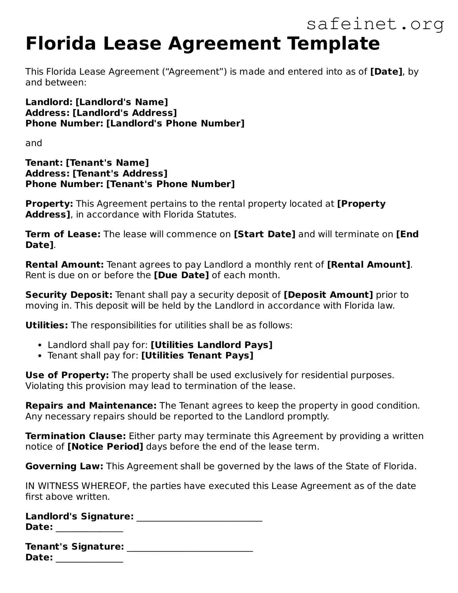 Valid Lease Agreement Template for the State of Florida