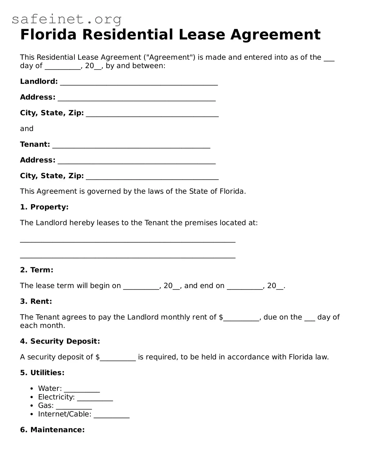 Valid Residential Lease Agreement Template for the State of Florida