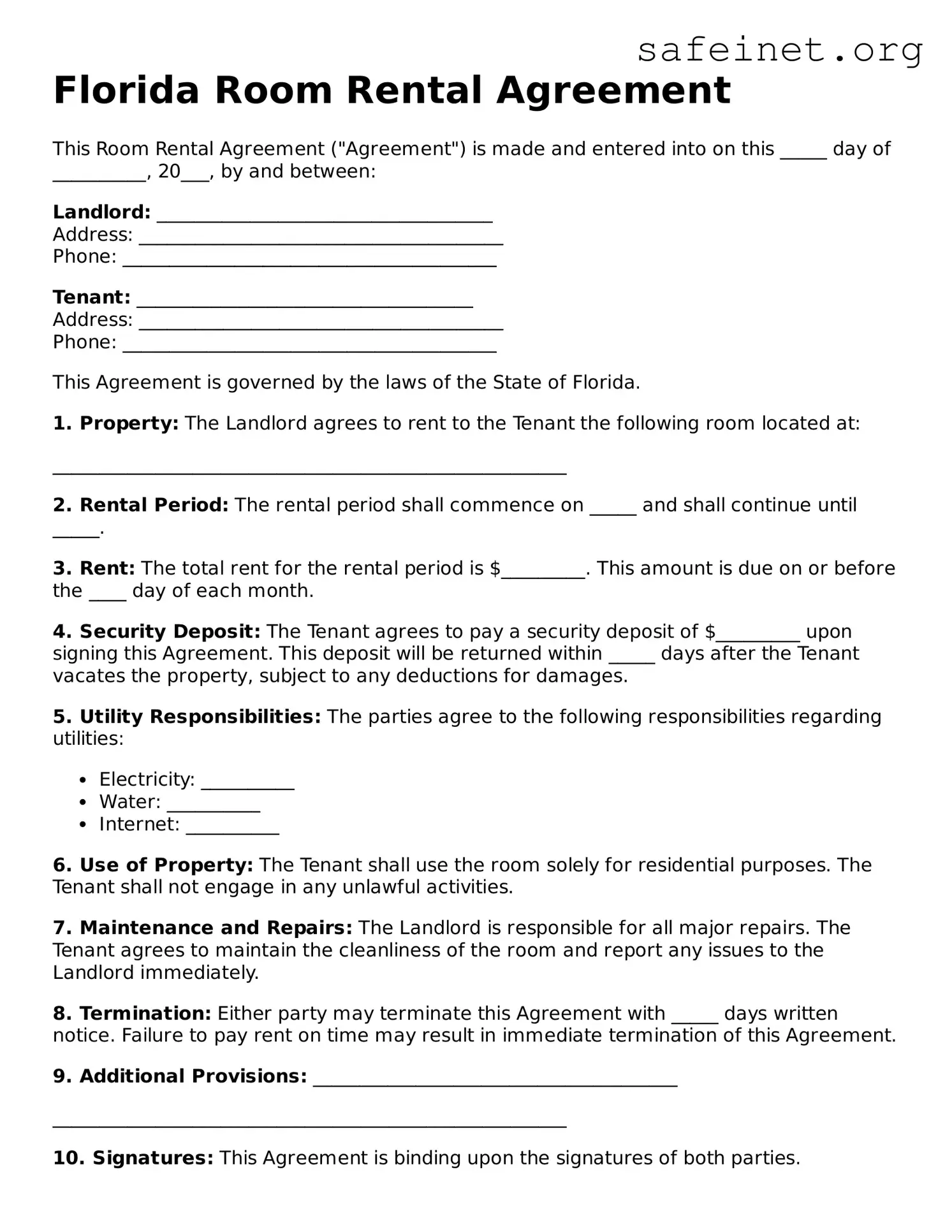 Valid Room Rental Agreement Template for the State of Florida