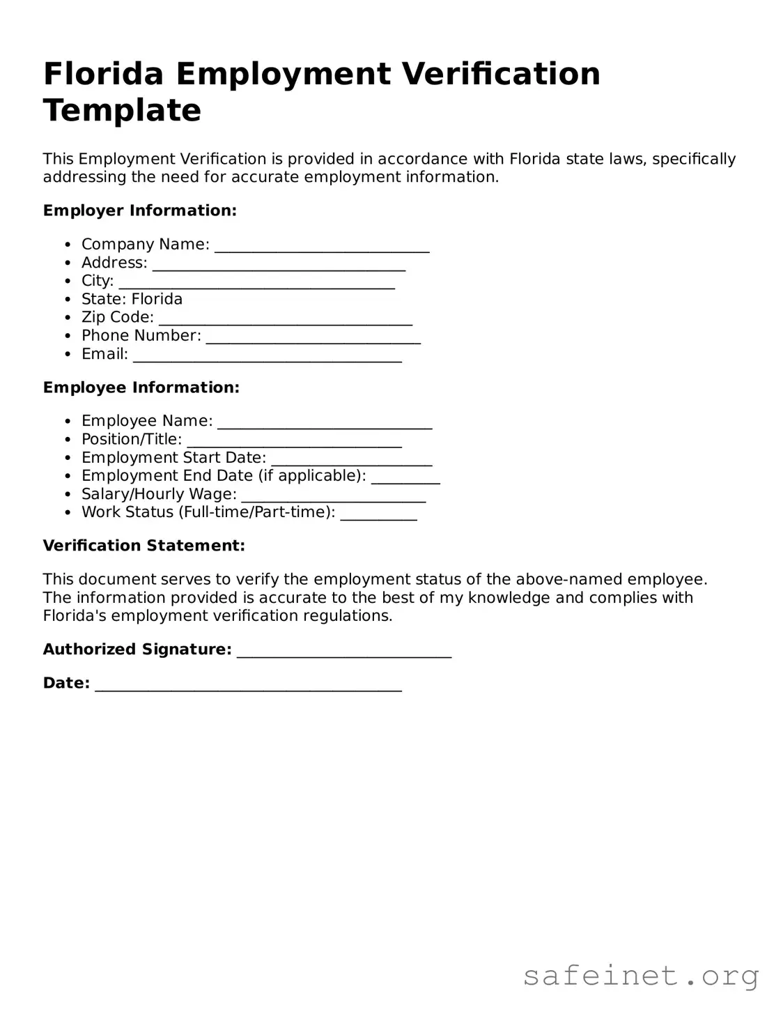 Valid Employment Verification Template for the State of Florida