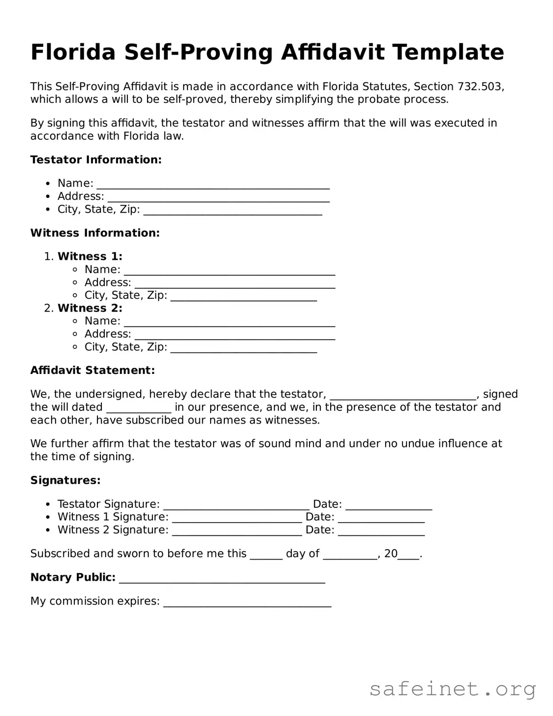 Valid Self-Proving Affidavit Template for the State of Florida