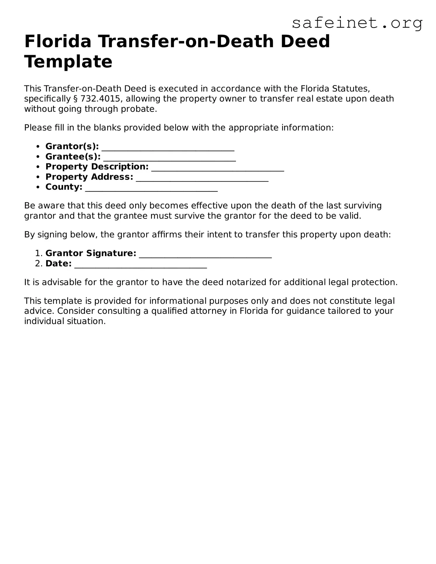 Valid Transfer-on-Death Deed Template for the State of Florida