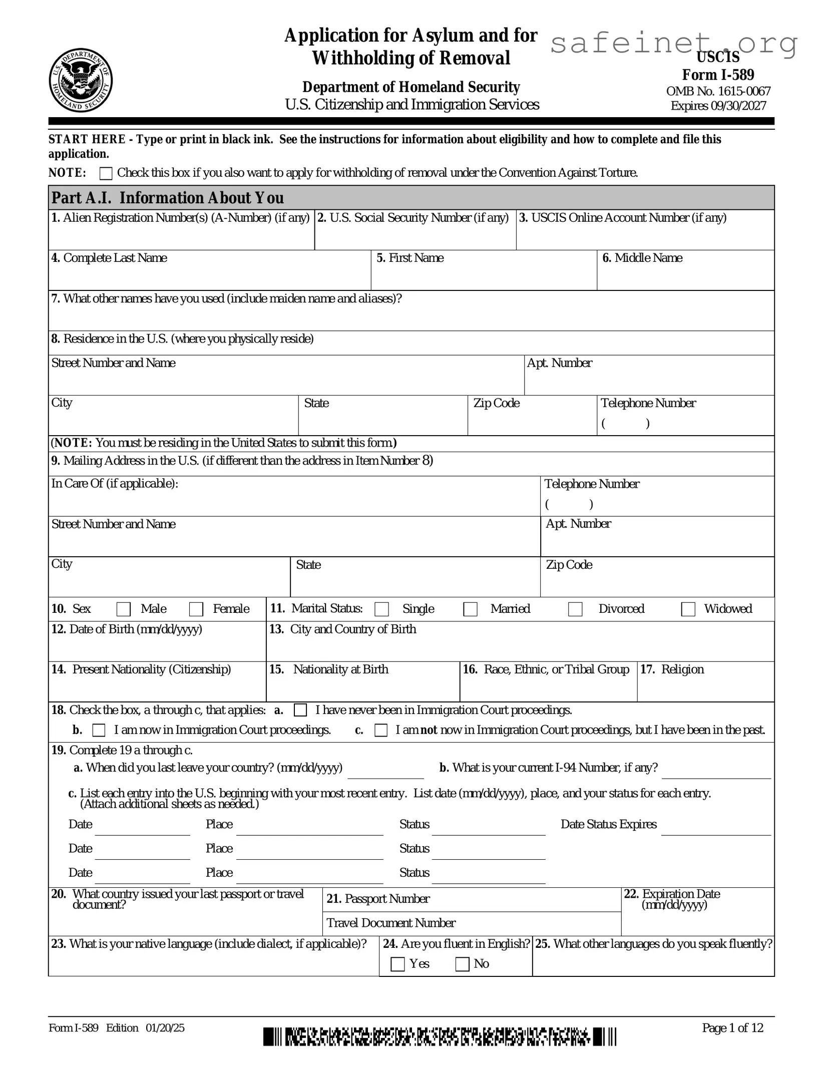 Blank USCIS I-589 Template