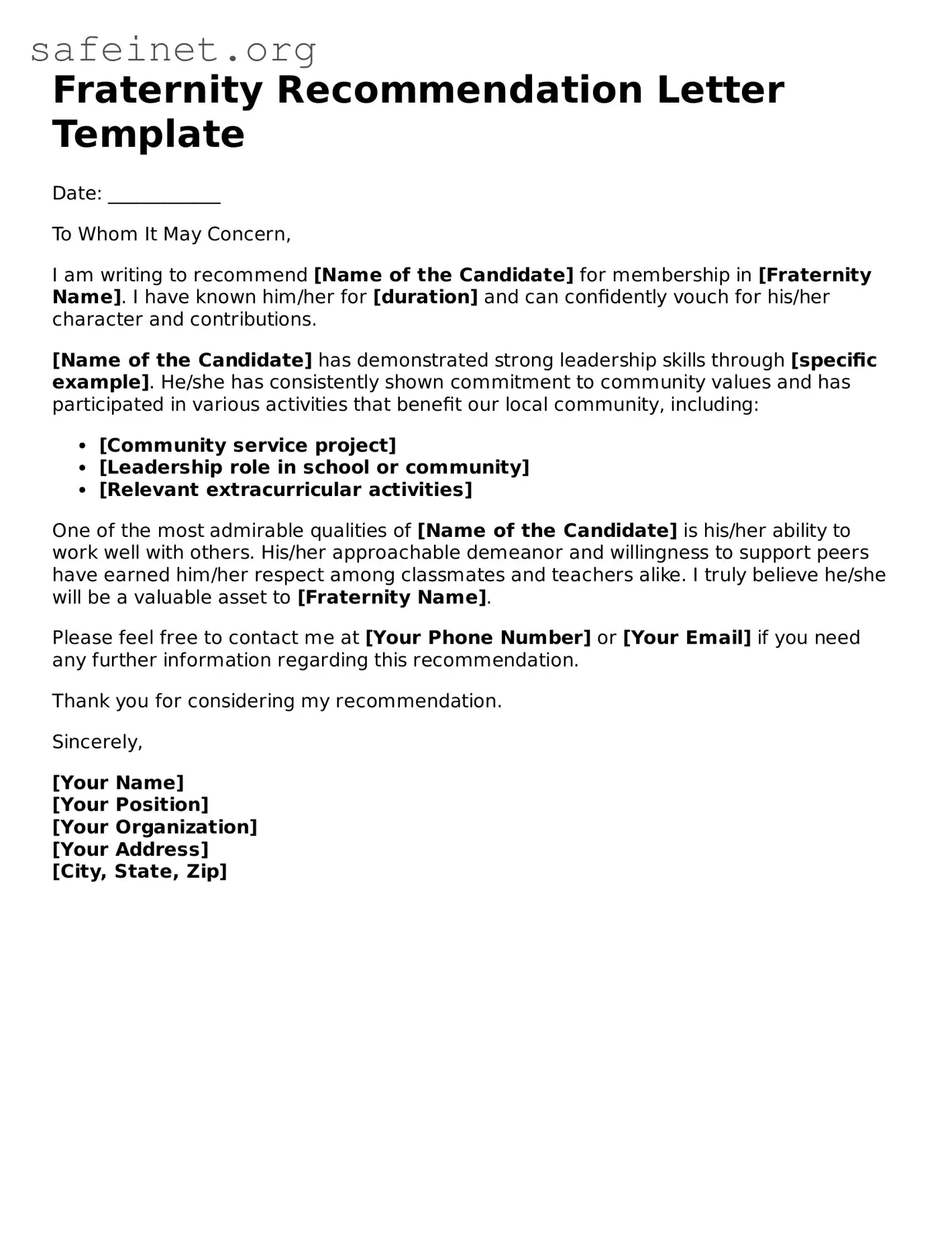 Official Fraternity Recommendation Letter Document