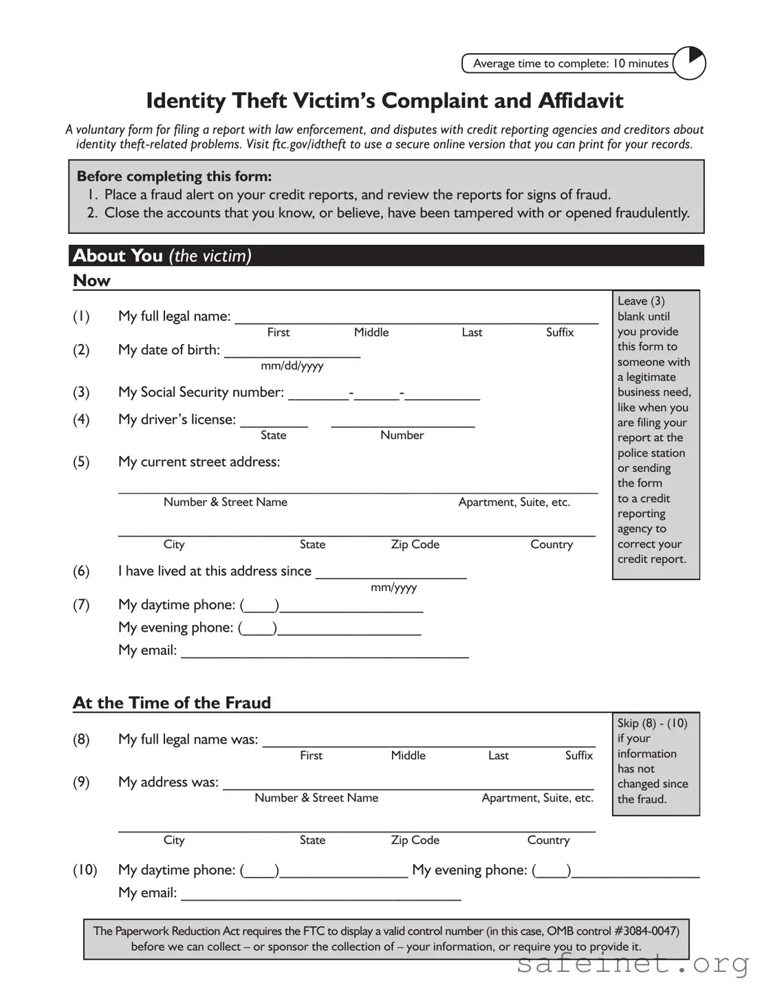Blank Ftc Identity Theft Affidavit Template