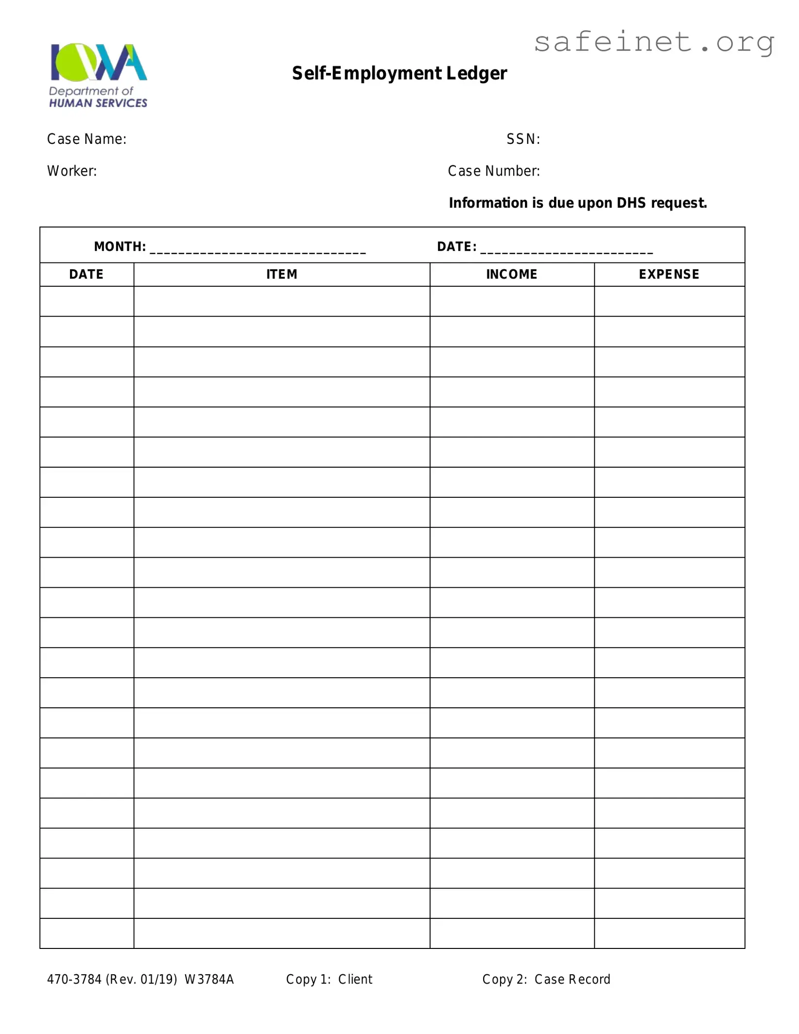 Blank Self Employment Ledger Template