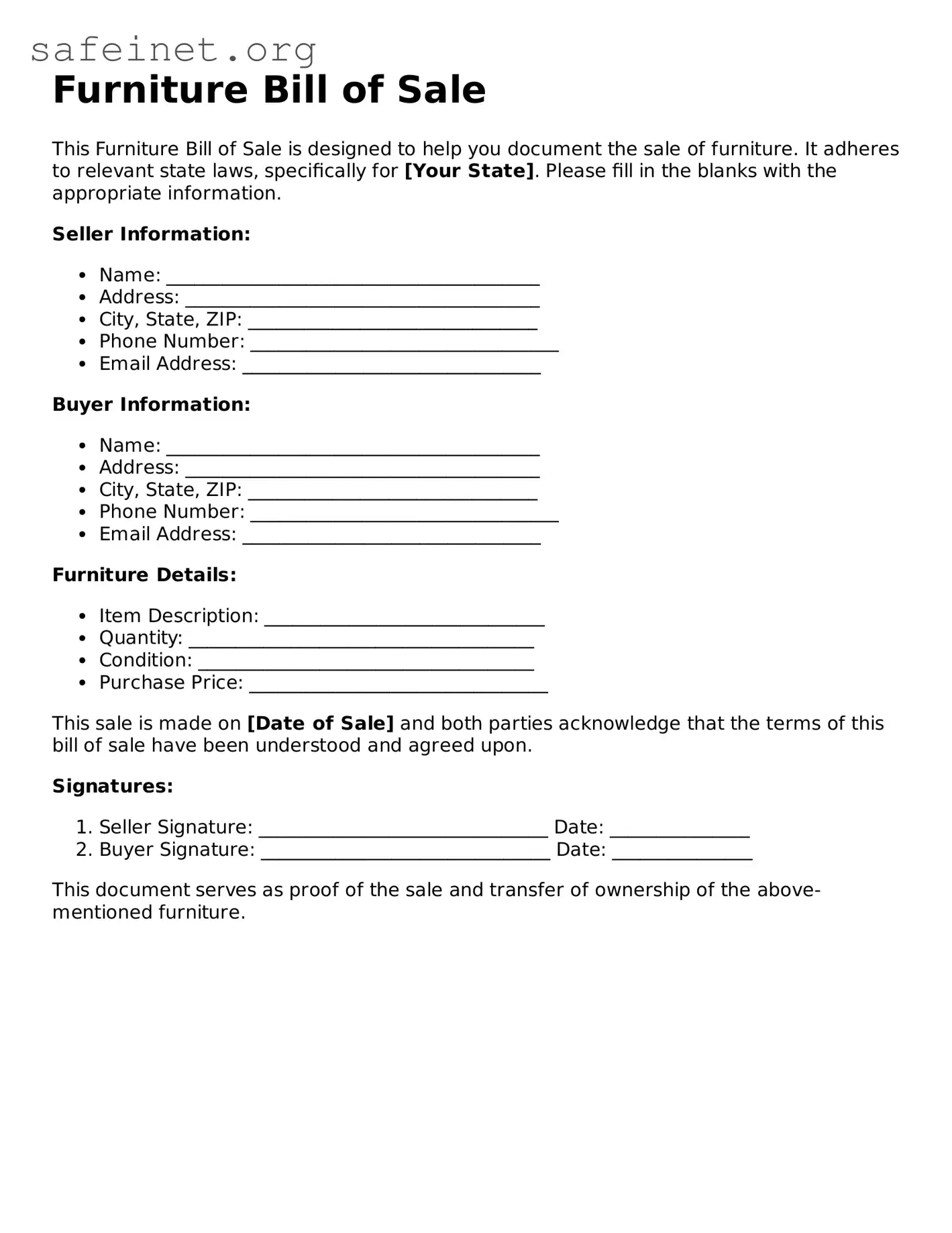 Official Furniture Bill of Sale Document