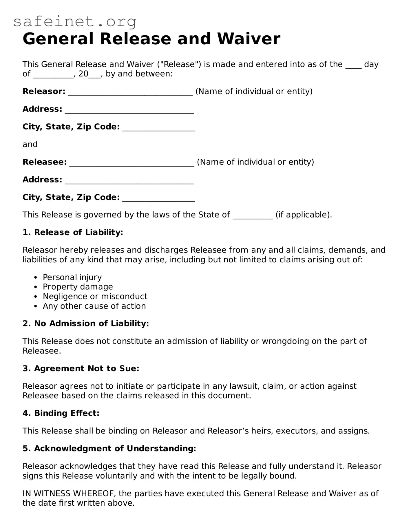 Official General Release and Waiver Document