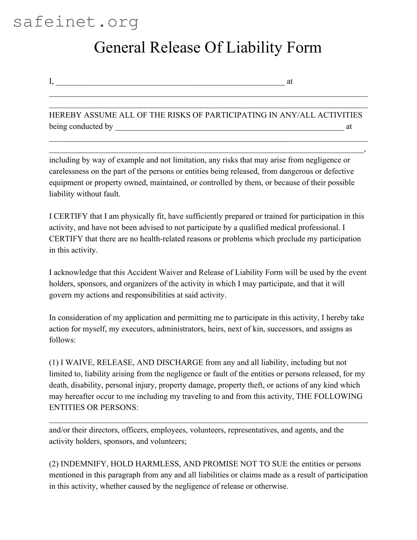 Blank General Release Of Liability Template