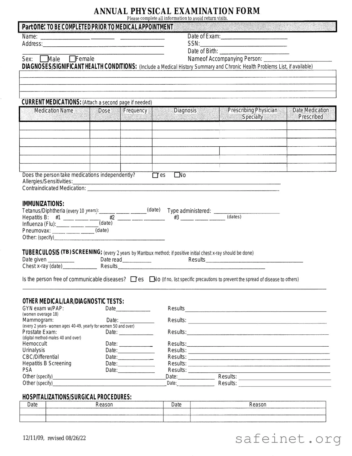 Blank Annual Physical Examination Template
