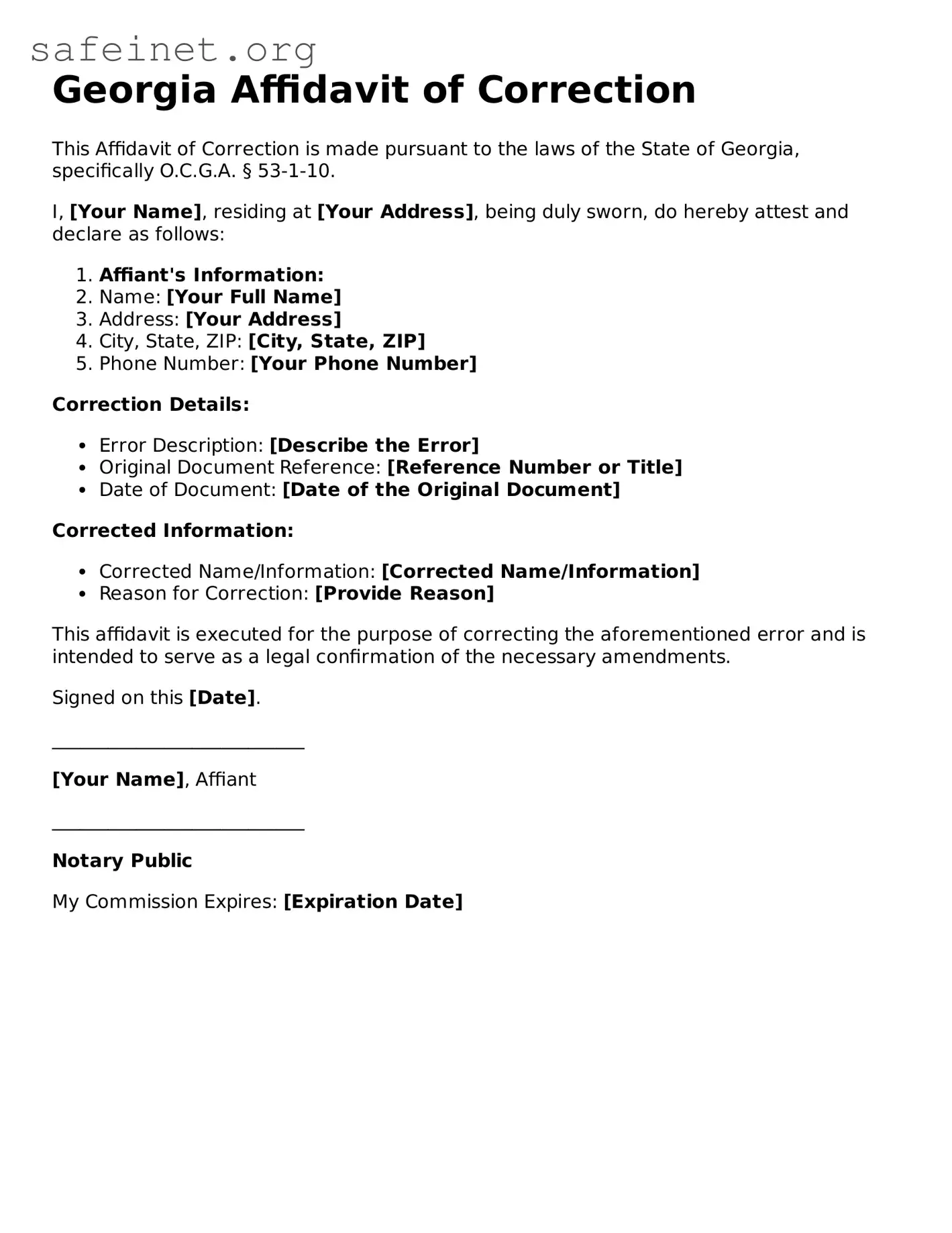 Valid Affidavit of Correction Template for the State of Georgia