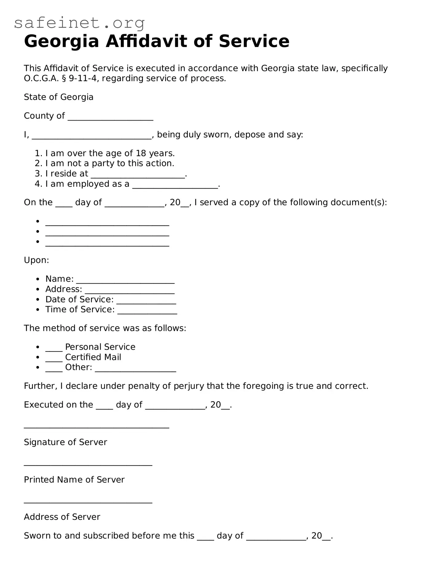 Valid Affidavit of Service Template for the State of Georgia