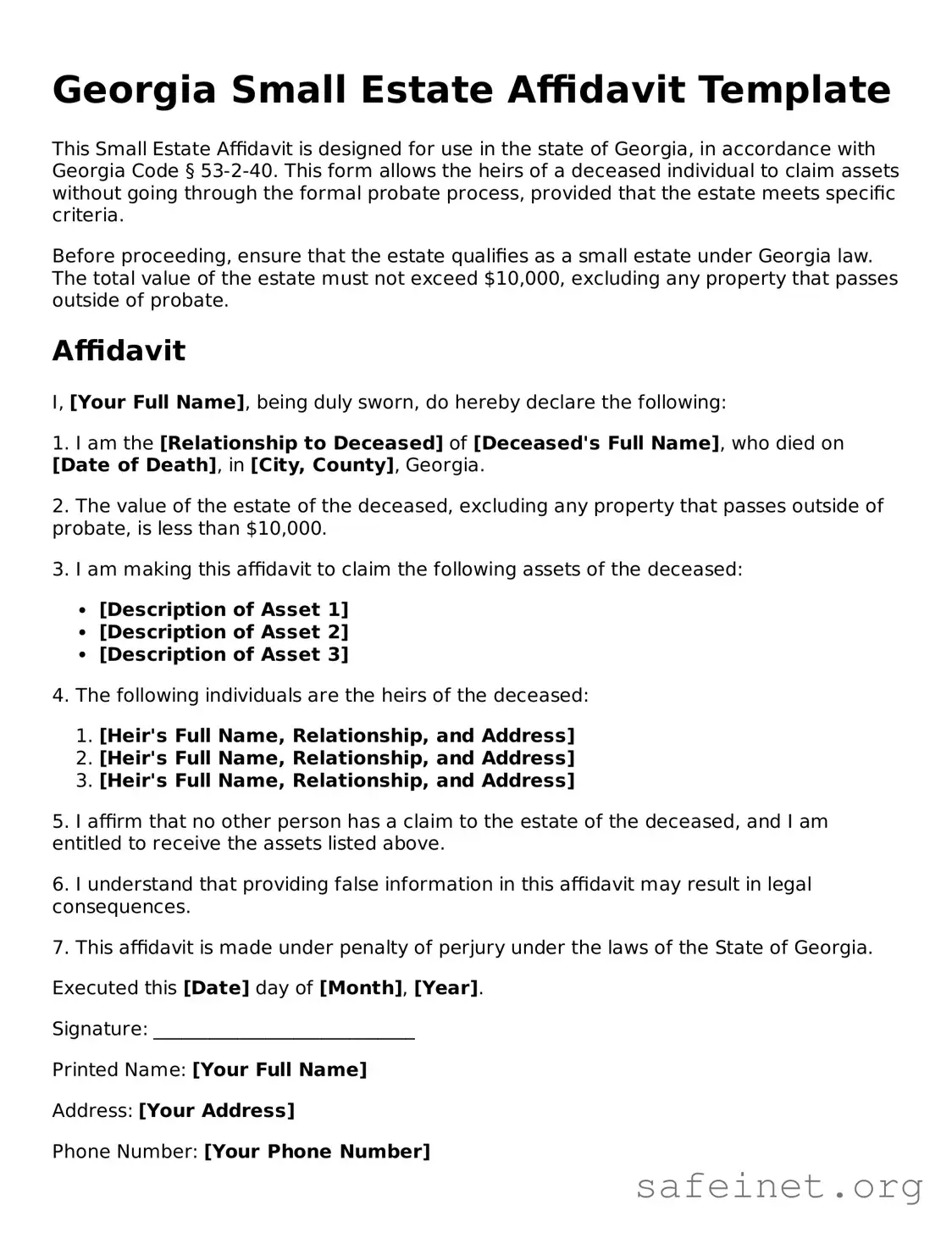 Valid Small Estate Affidavit Template for the State of Georgia