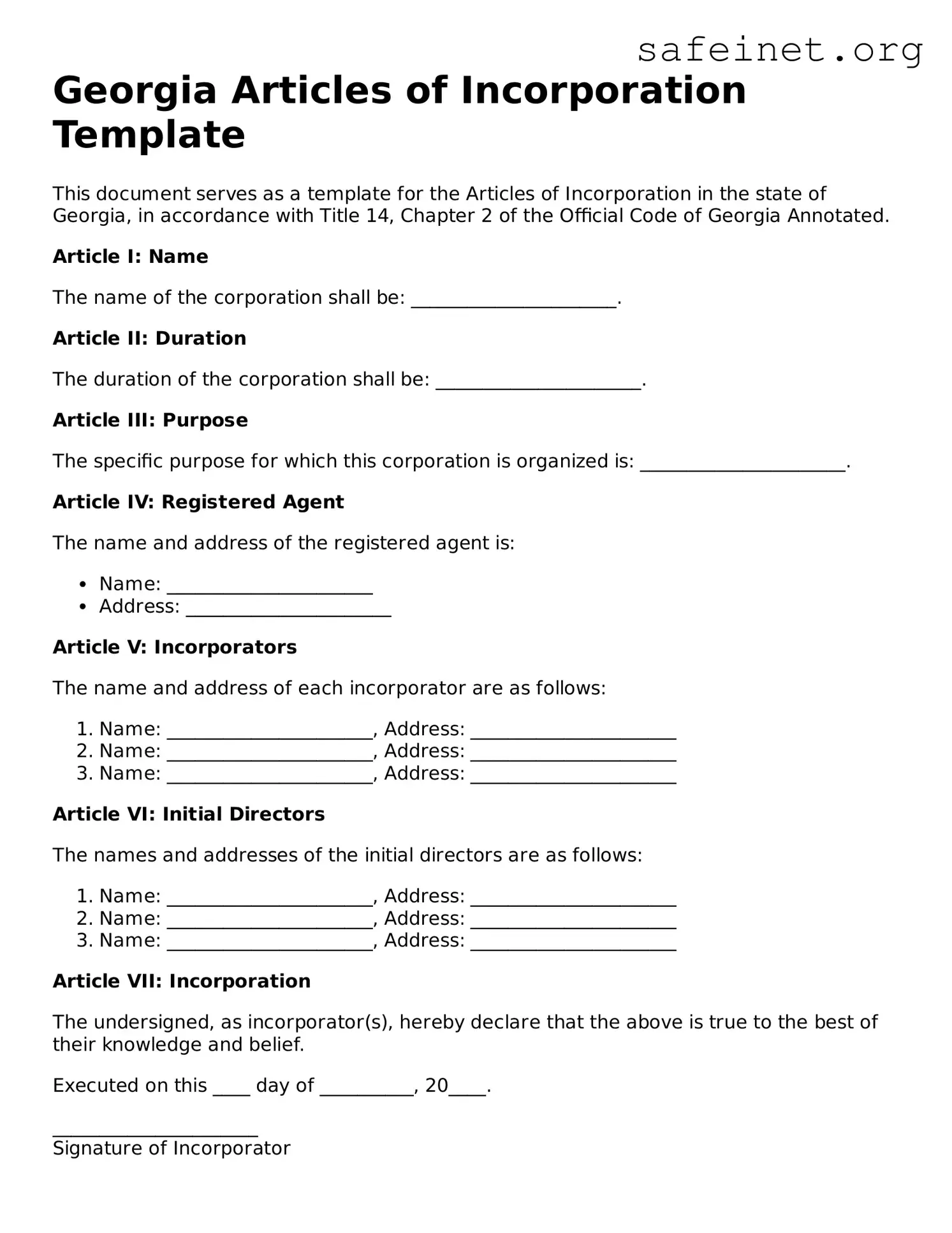Valid Articles of Incorporation Template for the State of Georgia