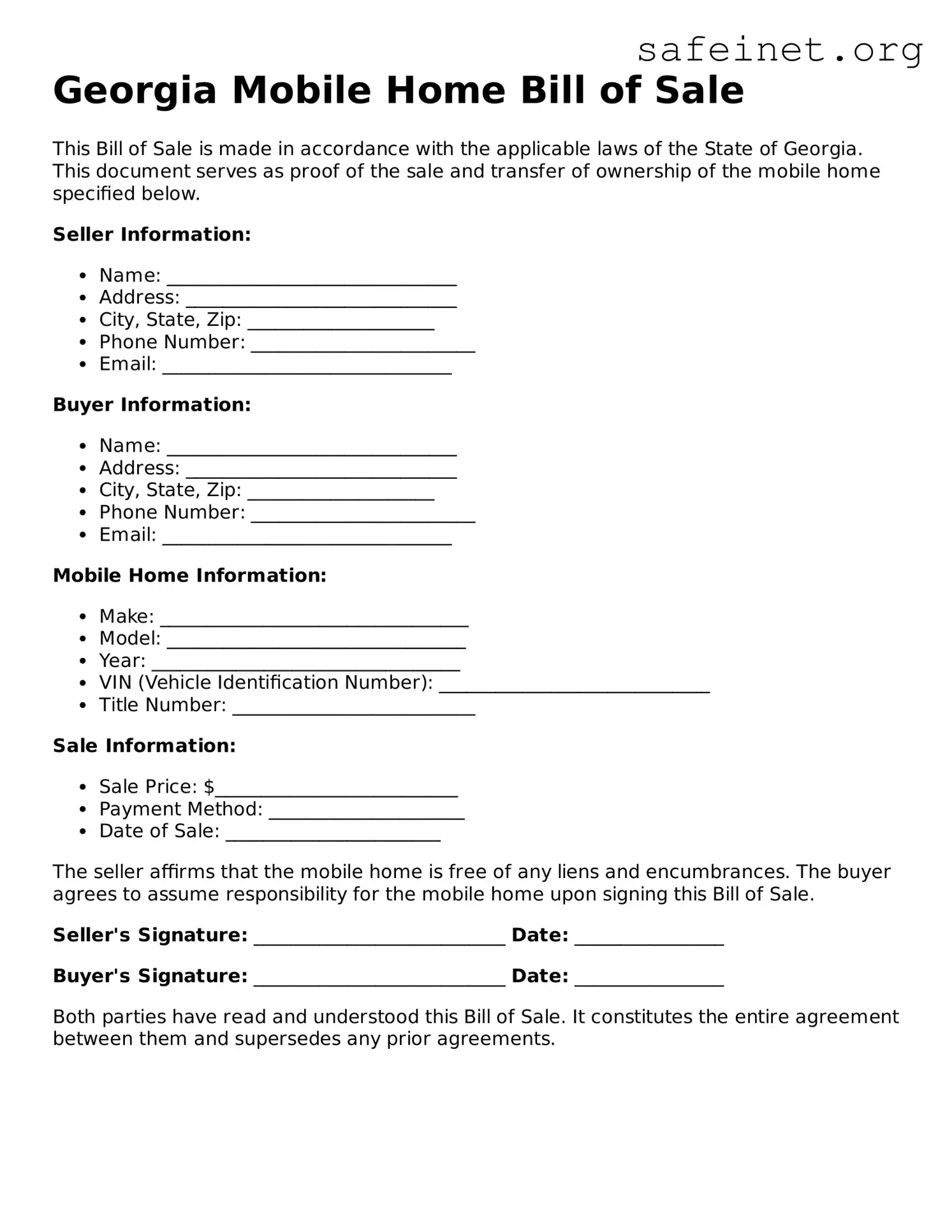 Valid Mobile Home Bill of Sale Template for the State of Georgia