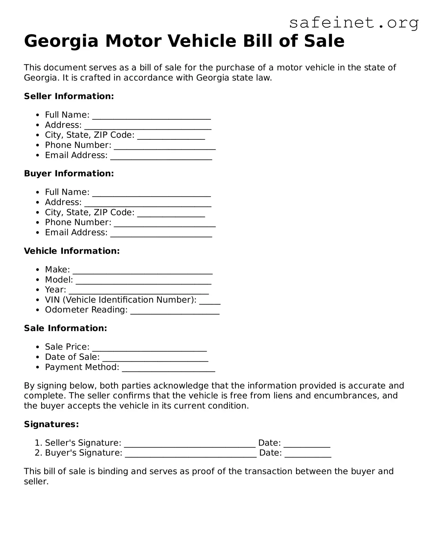 Valid Motor Vehicle Bill of Sale Template for the State of Georgia