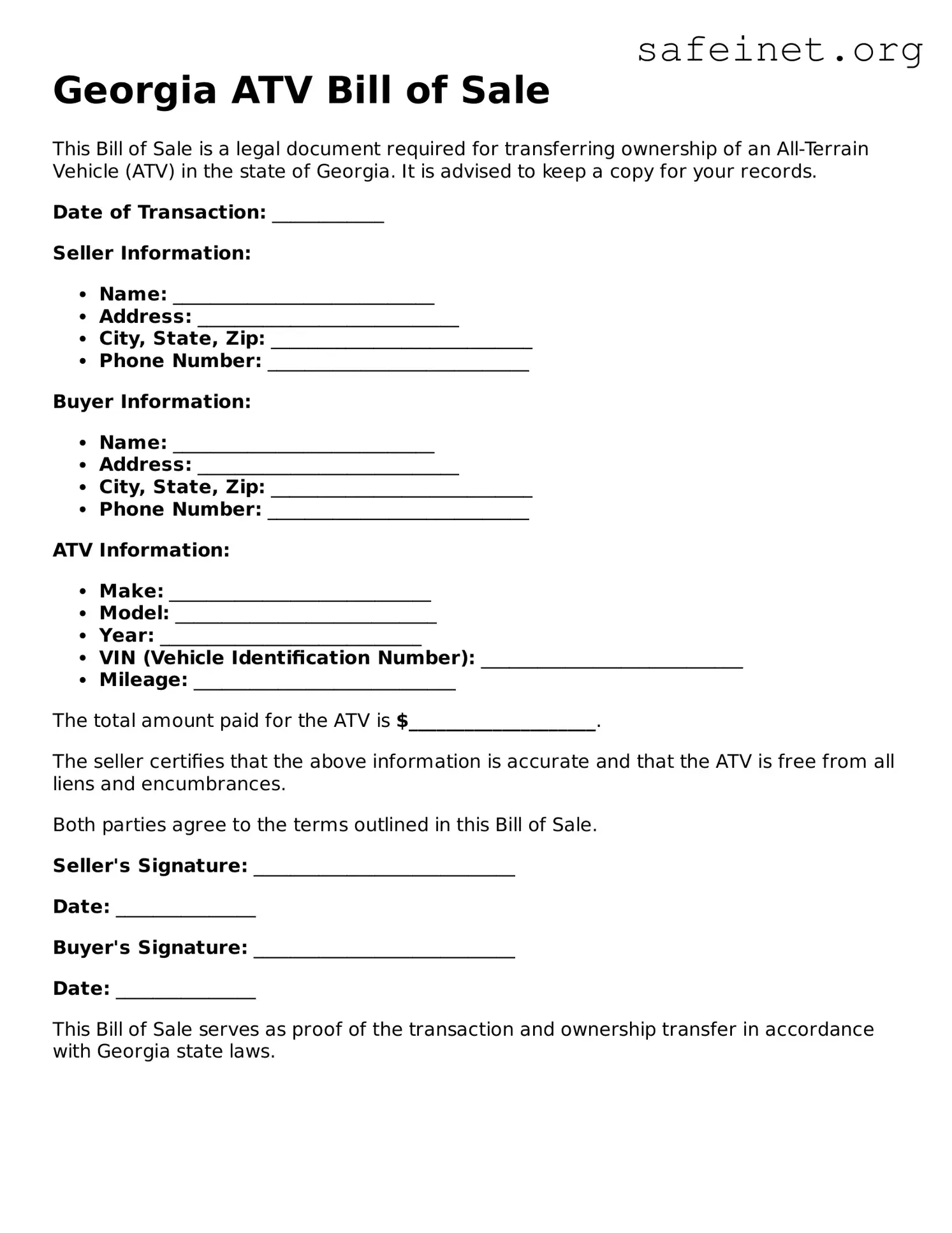 Valid ATV Bill of Sale Template for the State of Georgia