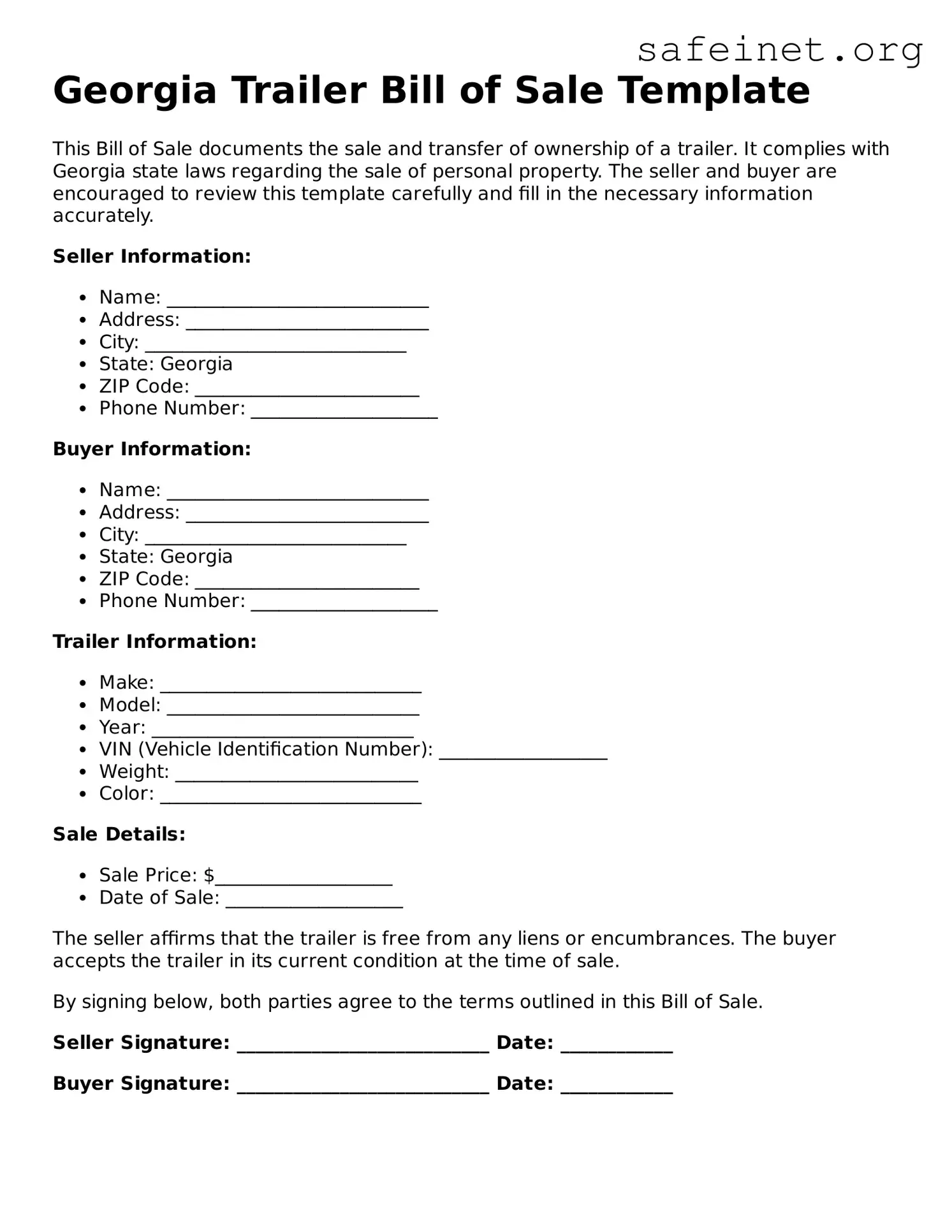 Valid Trailer Bill of Sale Template for the State of Georgia