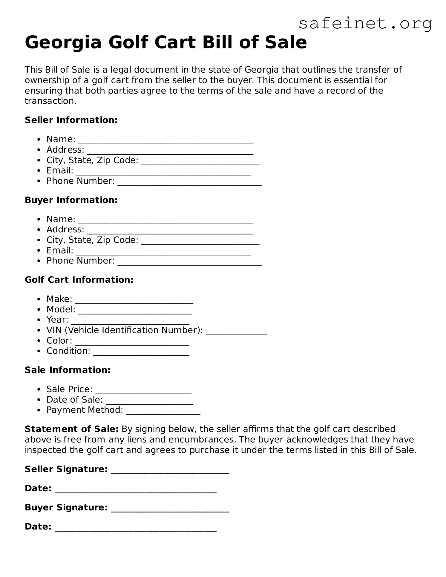 Valid Golf Cart Bill of Sale Template for the State of Georgia