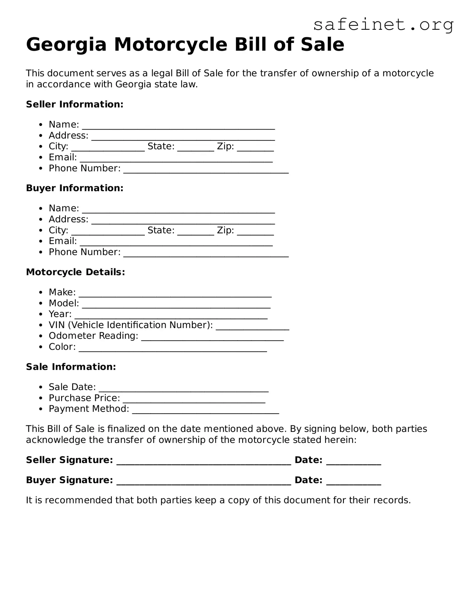 Valid Motorcycle Bill of Sale Template for the State of Georgia