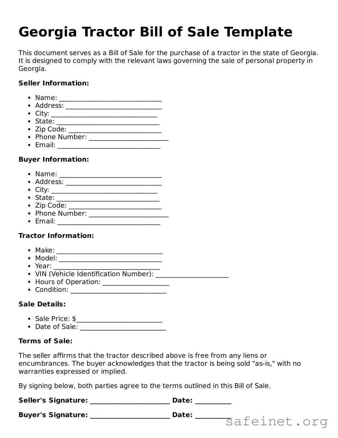 Valid Tractor Bill of Sale Template for the State of Georgia