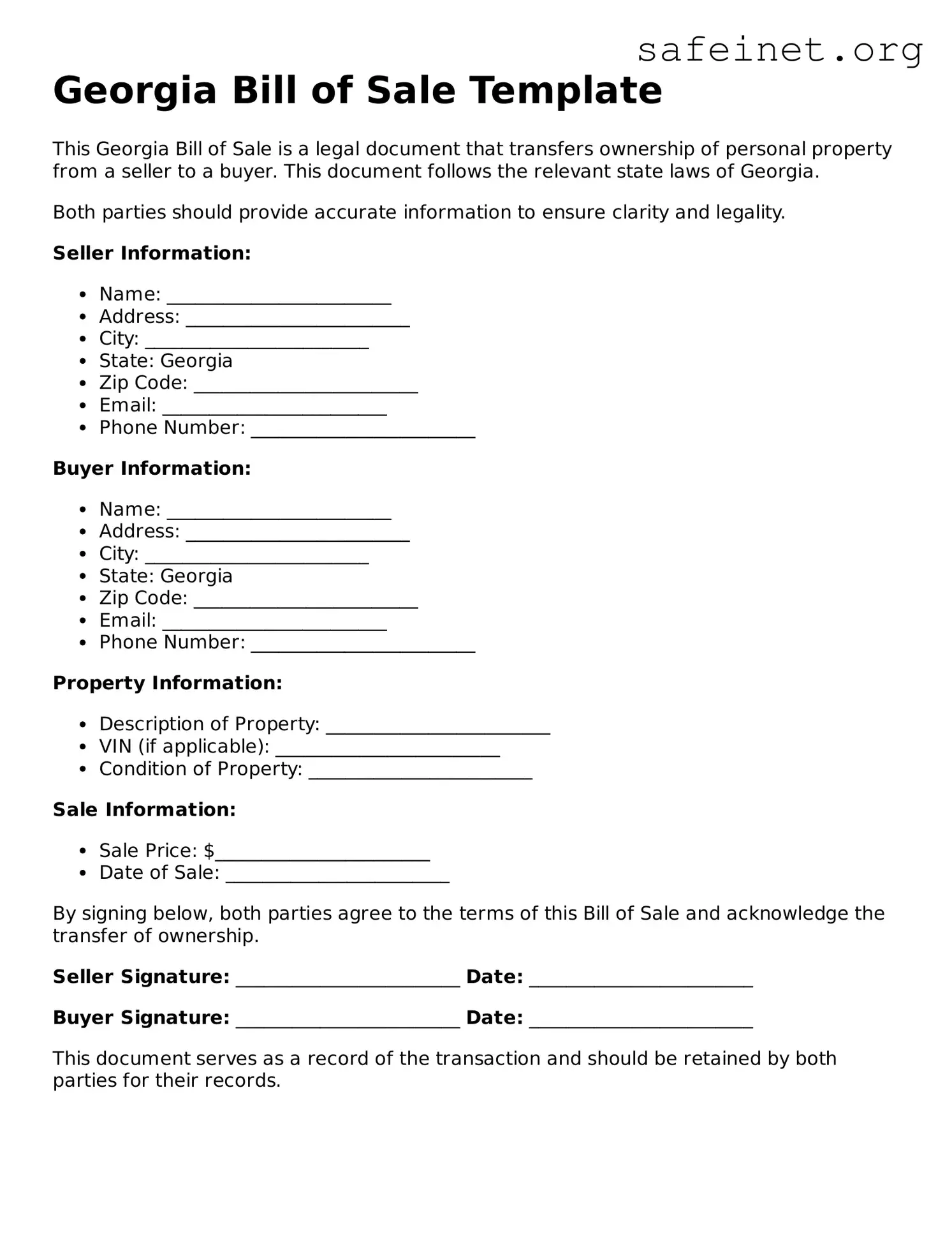 Valid Bill of Sale Template for the State of Georgia